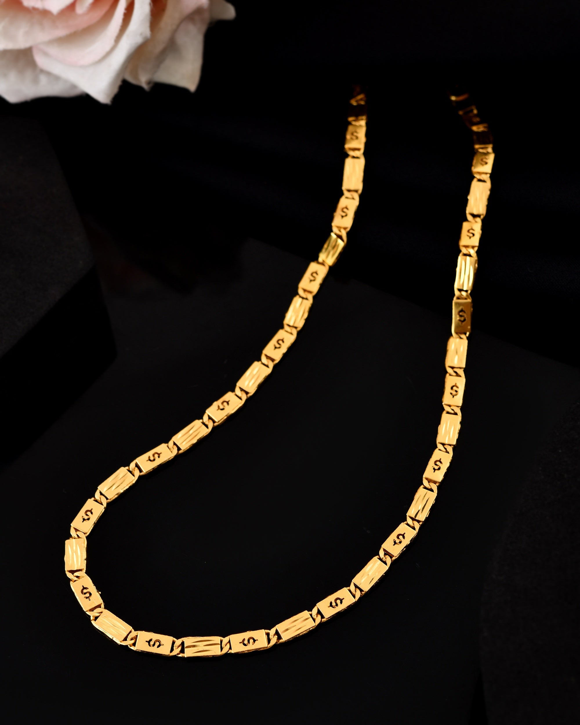 VOJ Men's Gold Polished Stainless Steel Biscuit Chain With Hand Crafted Design