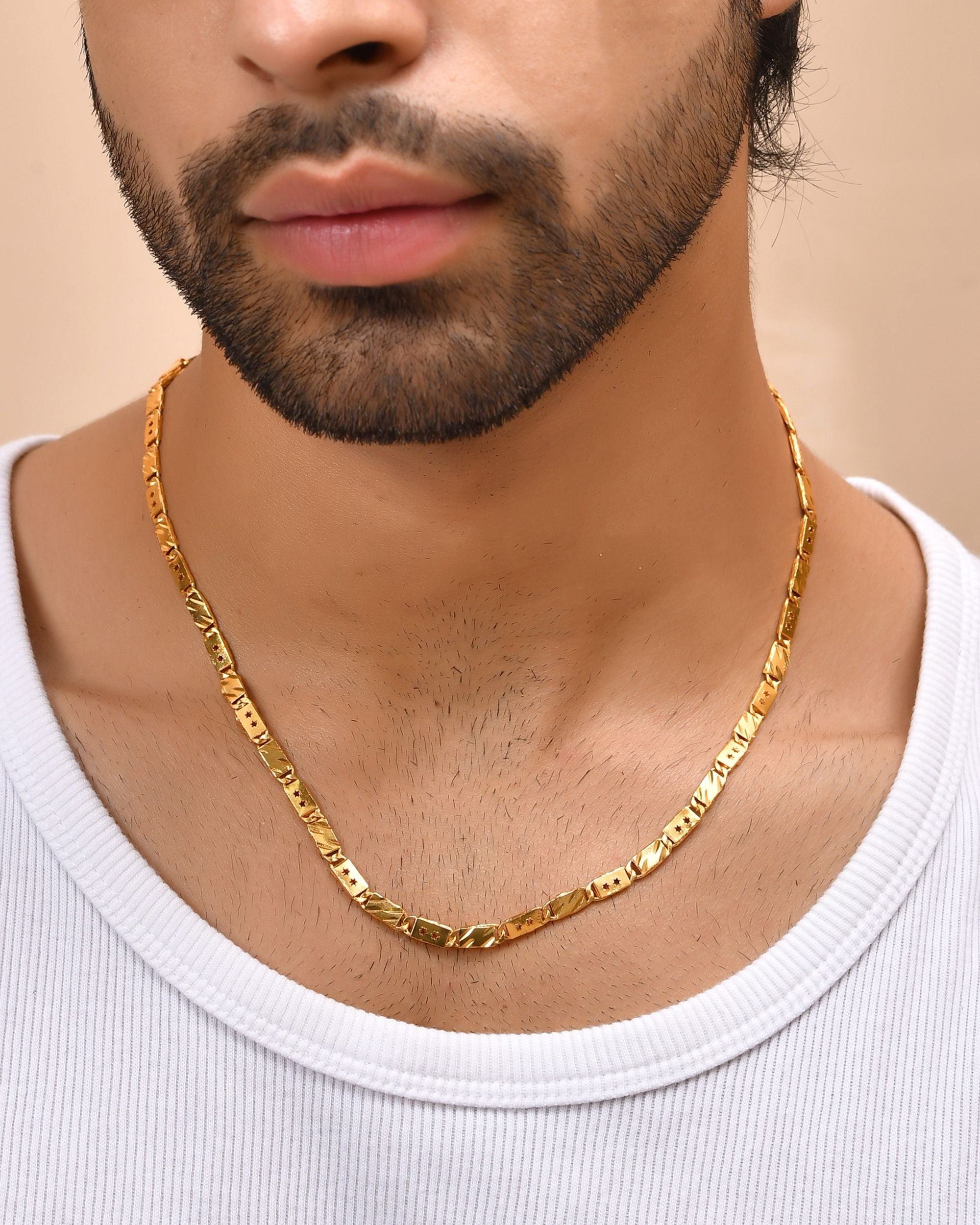 VOJ Men's Gold Polished Stainless Steel With Hand Crafted Design Biscuit Chain