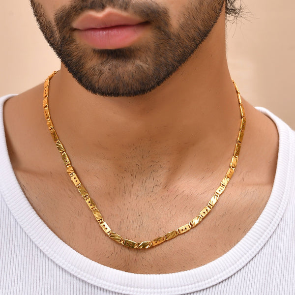 VOJ Men's Gold Polished Stainless Steel With Hand Crafted Design Biscuit Chain - Distacart