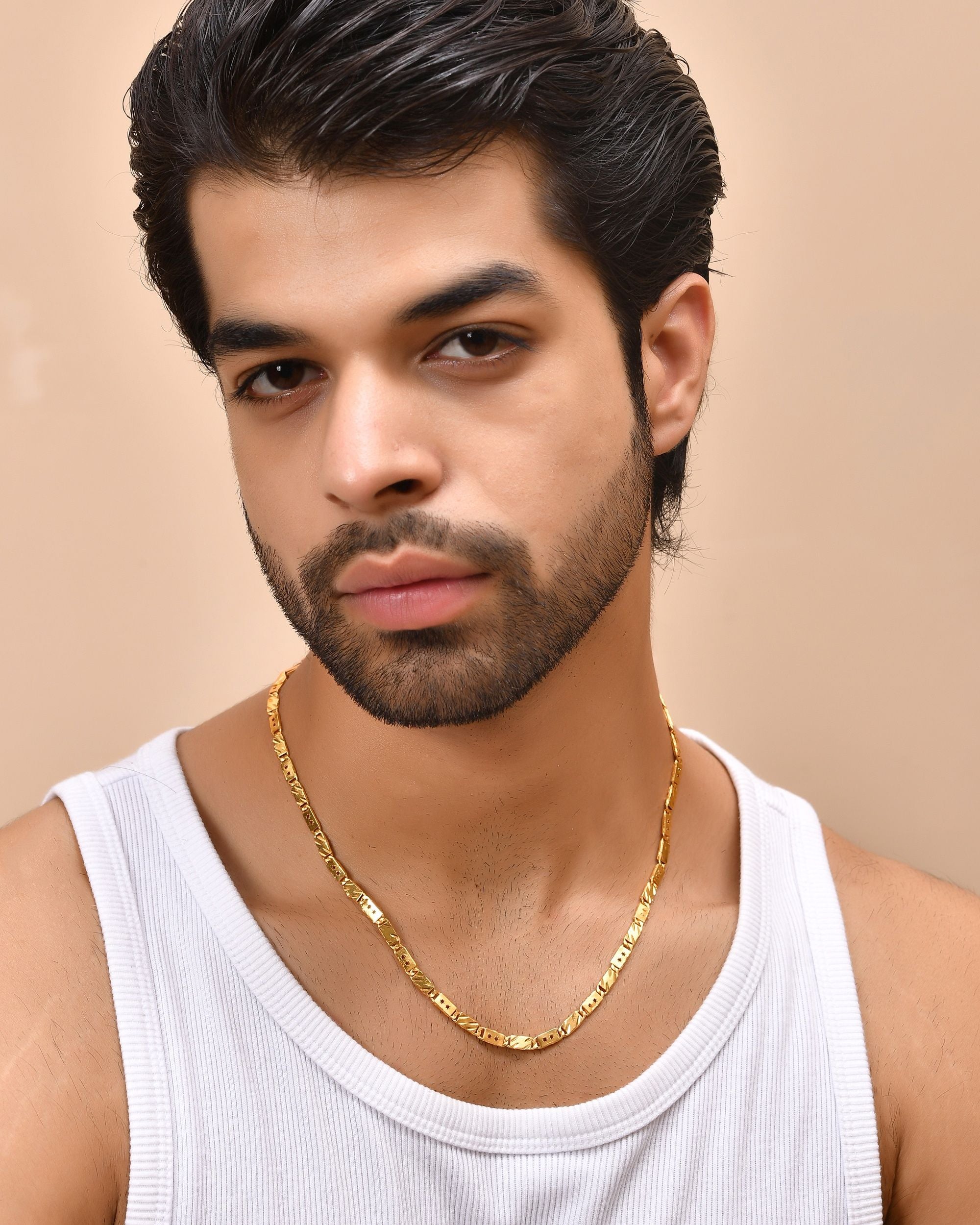 VOJ Men's Gold Polished Stainless Steel With Hand Crafted Design Biscuit Chain