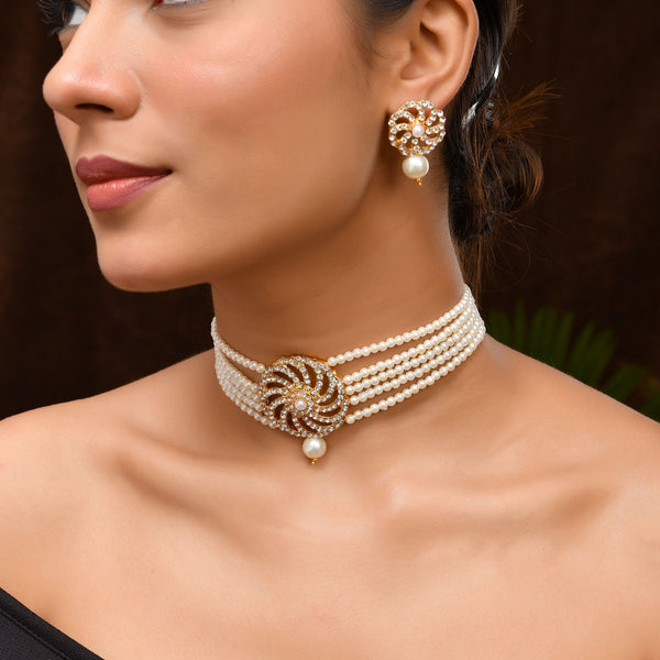 VOJ Gold Polished Stone And Pearl Studded Traditional Chokar Set - Distacart