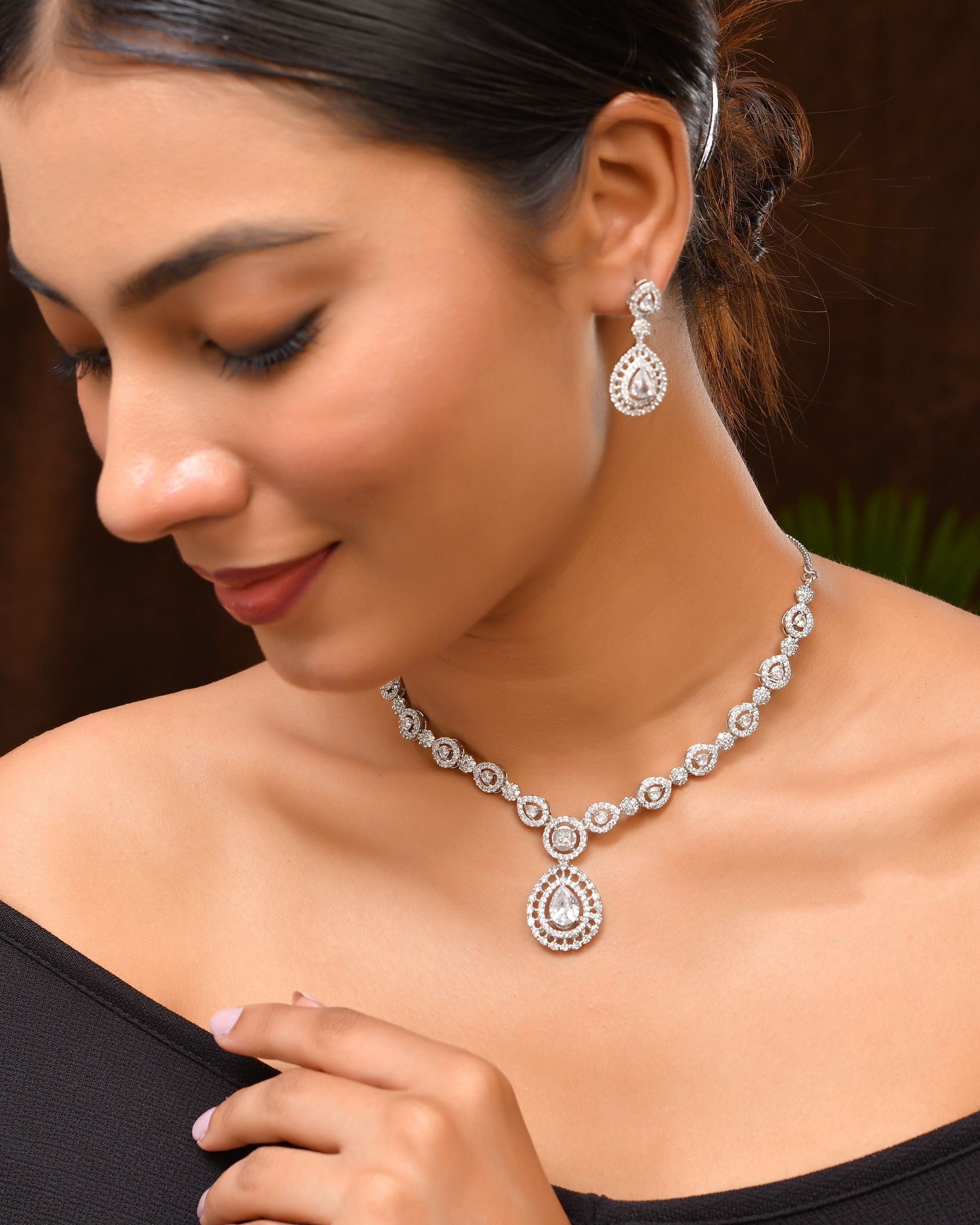 VOJ Silver Plated AD Stone Studded Elegant Necklace And Earrings Set - Dista