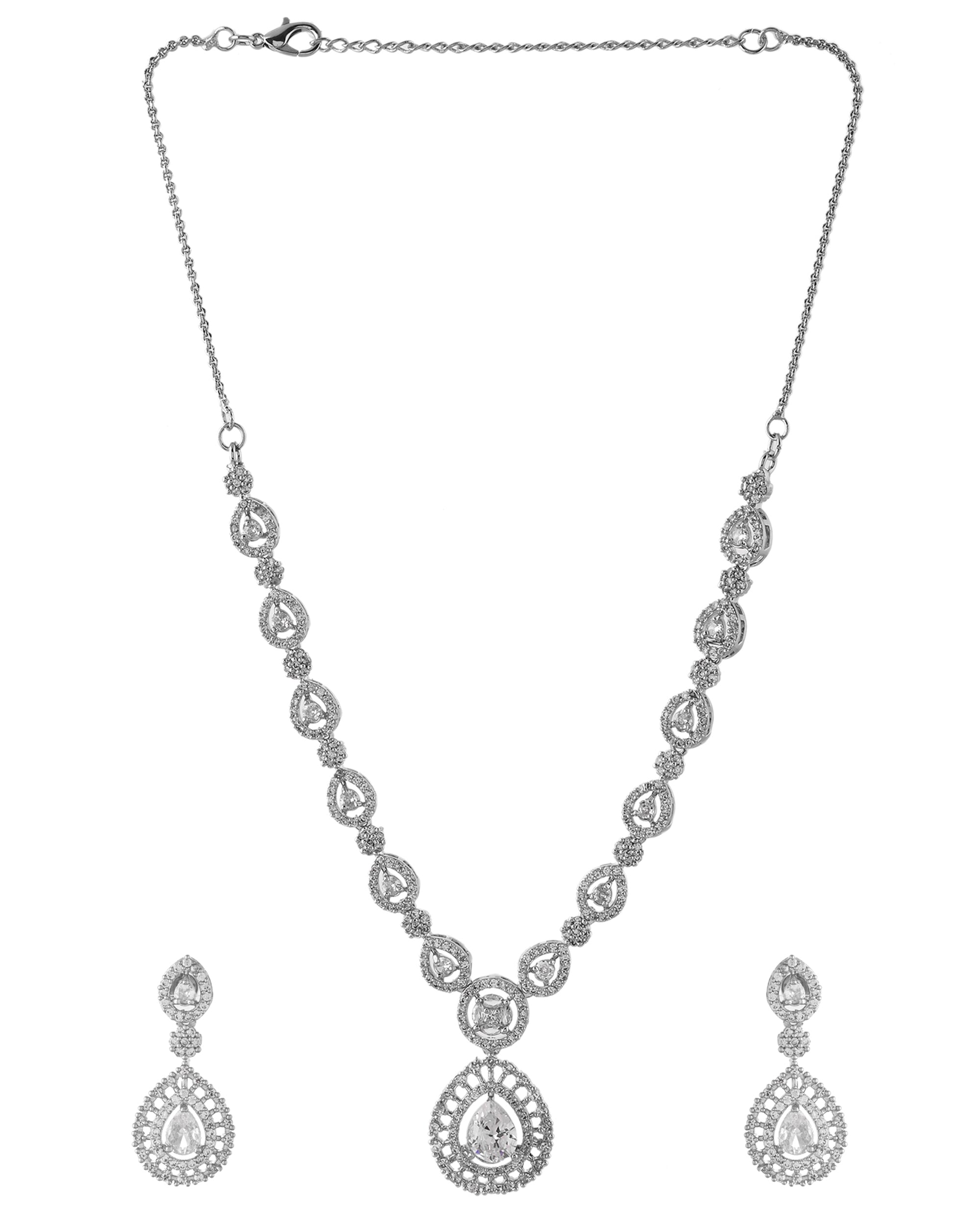 VOJ Silver Plated AD Stone Studded Elegant Necklace And Earrings Set