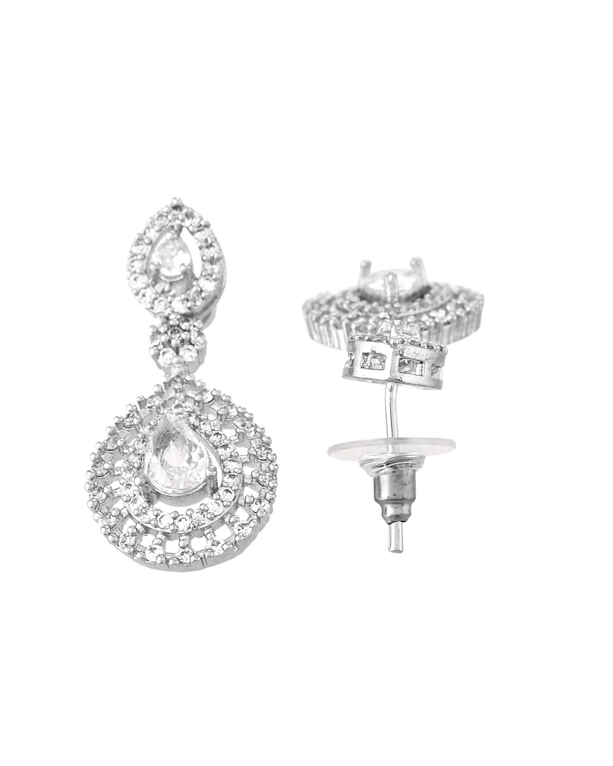 VOJ Silver Plated AD Stone Studded Elegant Necklace And Earrings Set