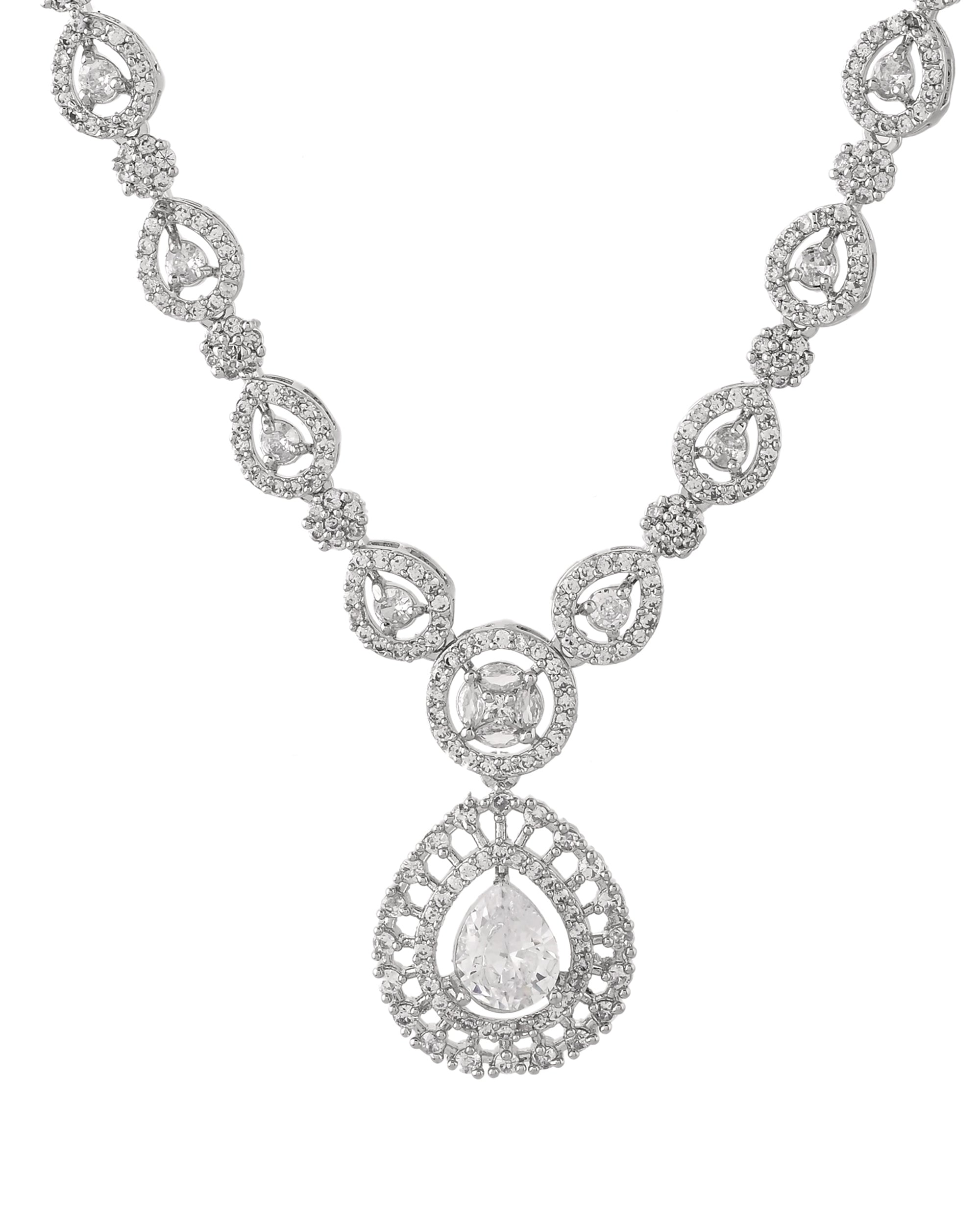 VOJ Silver Plated AD Stone Studded Elegant Necklace And Earrings Set