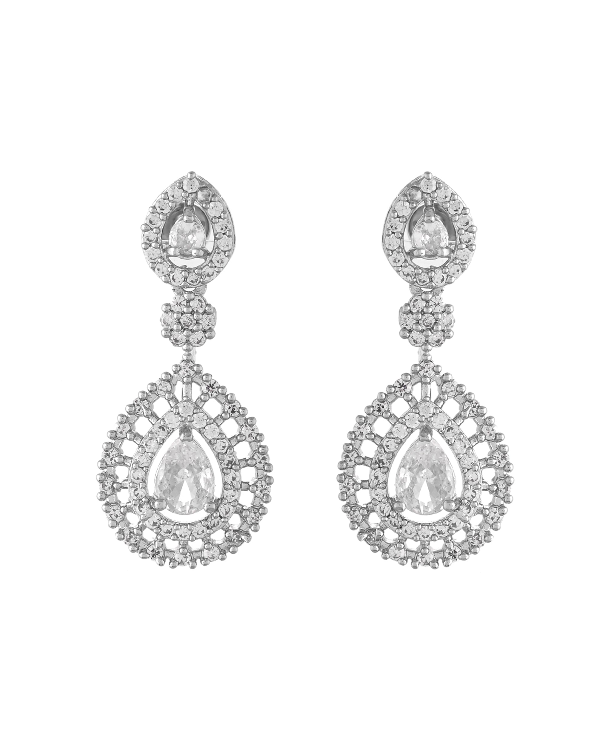 VOJ Silver Plated AD Stone Studded Elegant Necklace And Earrings Set