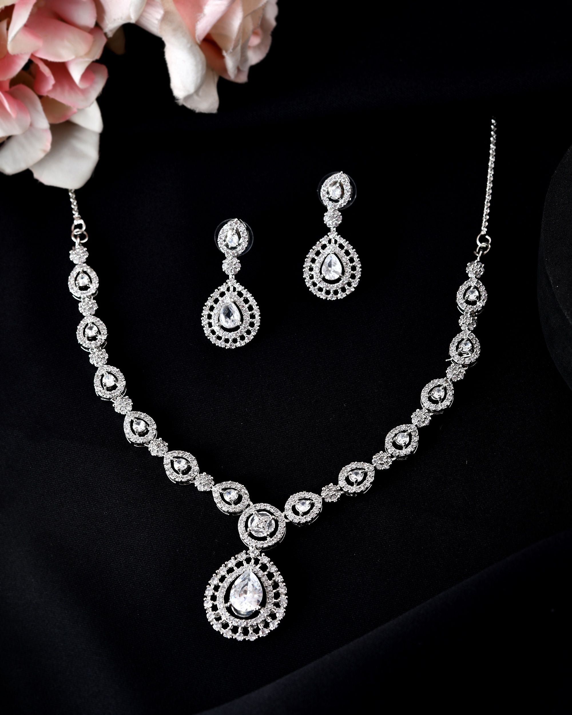 VOJ Silver Plated AD Stone Studded Elegant Necklace And Earrings Set