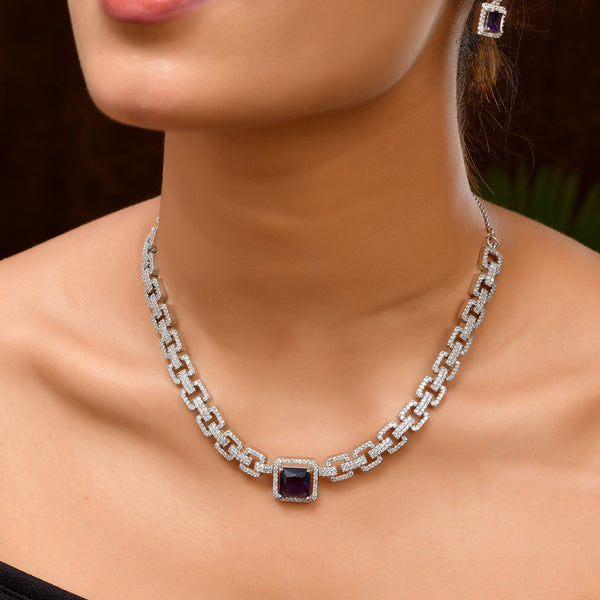 VOJ Silver Plated Geometric Shaped CZ Stone Studded Jewellery Set