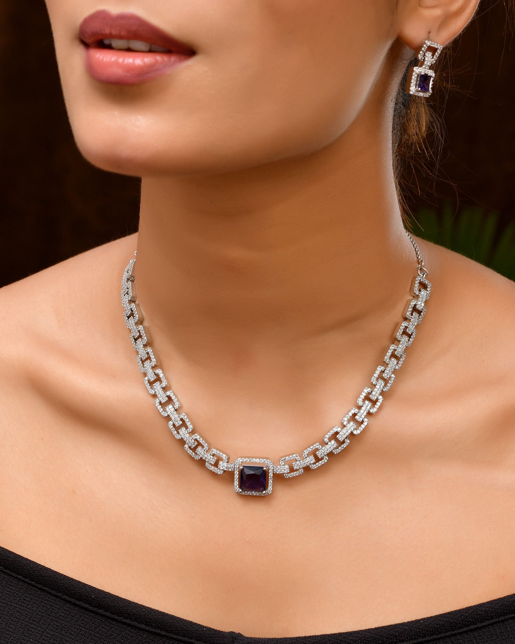 VOJ Silver Plated Geometric Shaped CZ Stone Studded Jewellery Set - Dista