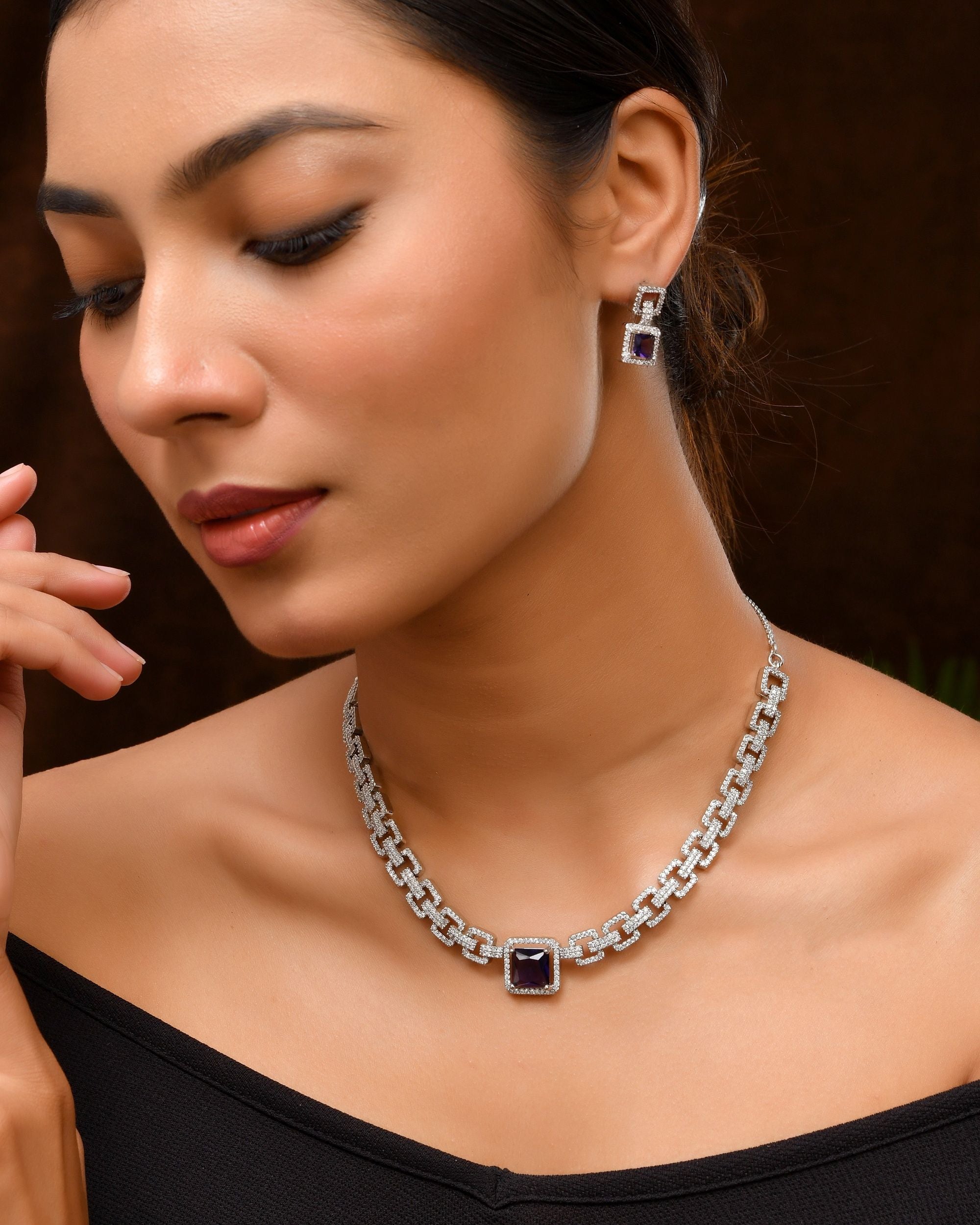 VOJ Silver Plated Geometric Shaped CZ Stone Studded Jewellery Set