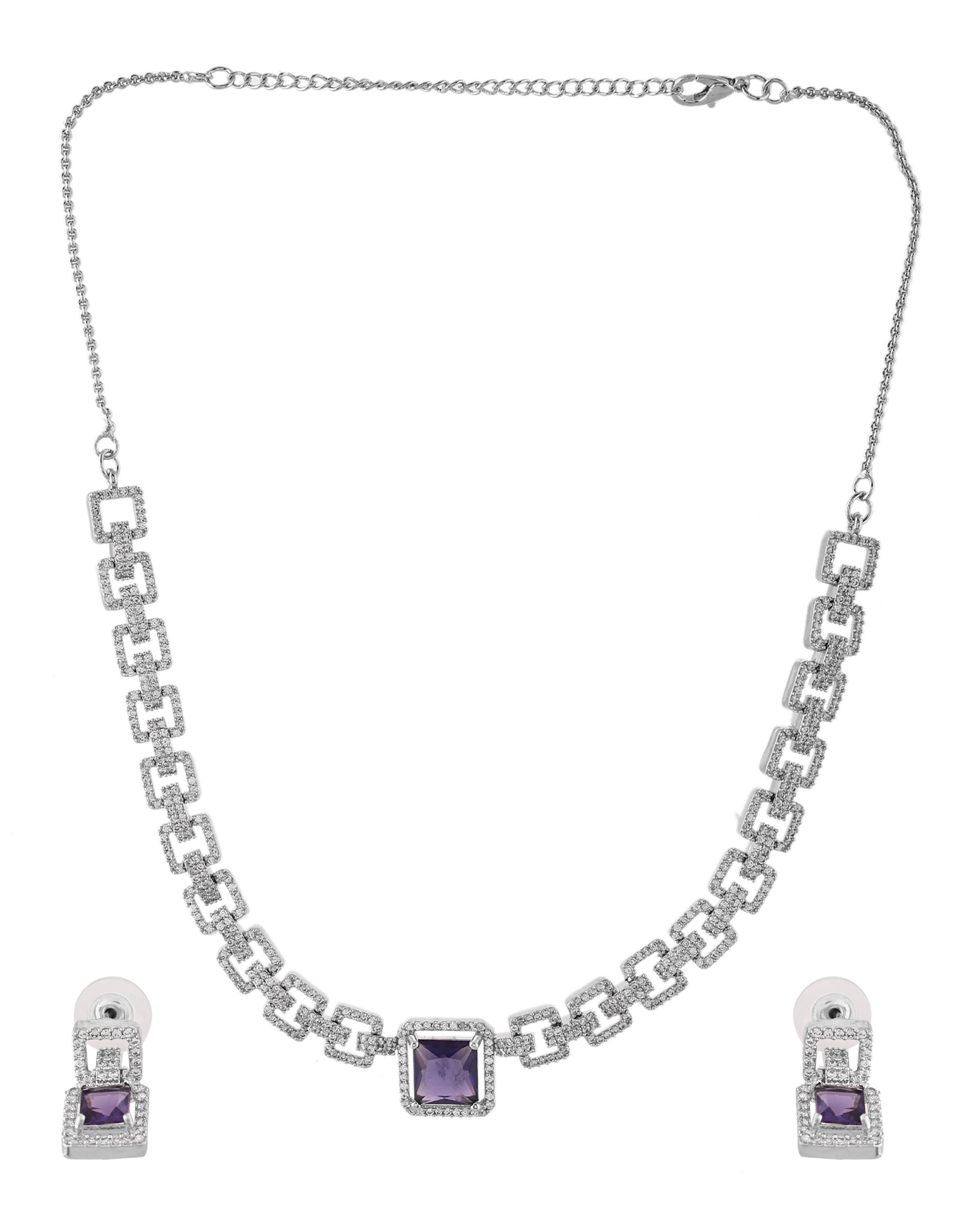 VOJ Silver Plated Geometric Shaped CZ Stone Studded Jewellery Set