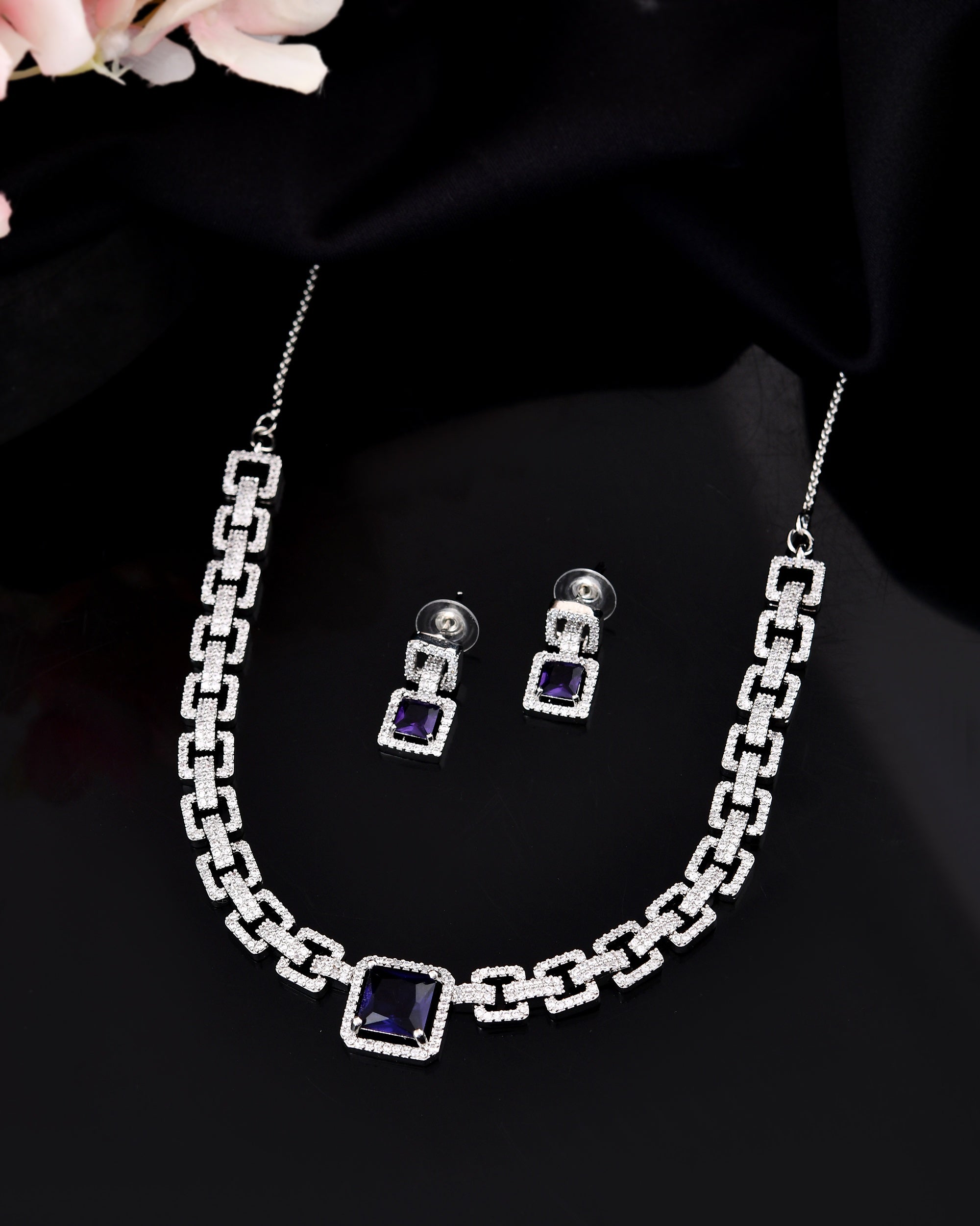 VOJ Silver Plated Geometric Shaped CZ Stone Studded Jewellery Set