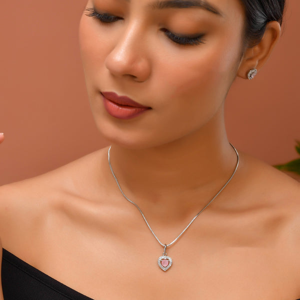 VOJ Silver Plated Baby Pink Stone Studded Heart Shaped Chain Set - Dista