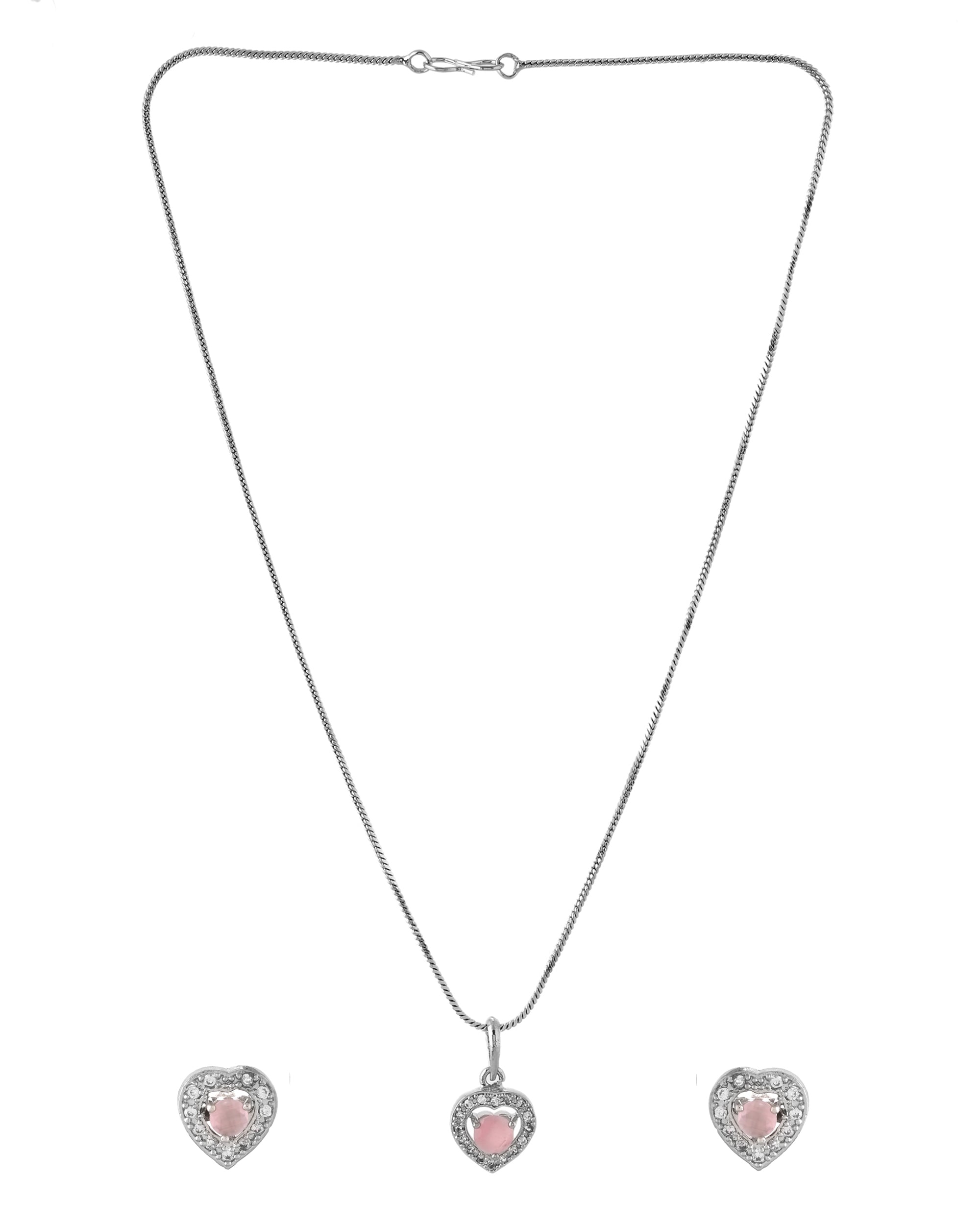 VOJ Silver Plated Baby Pink Stone Studded Heart Shaped Chain Set