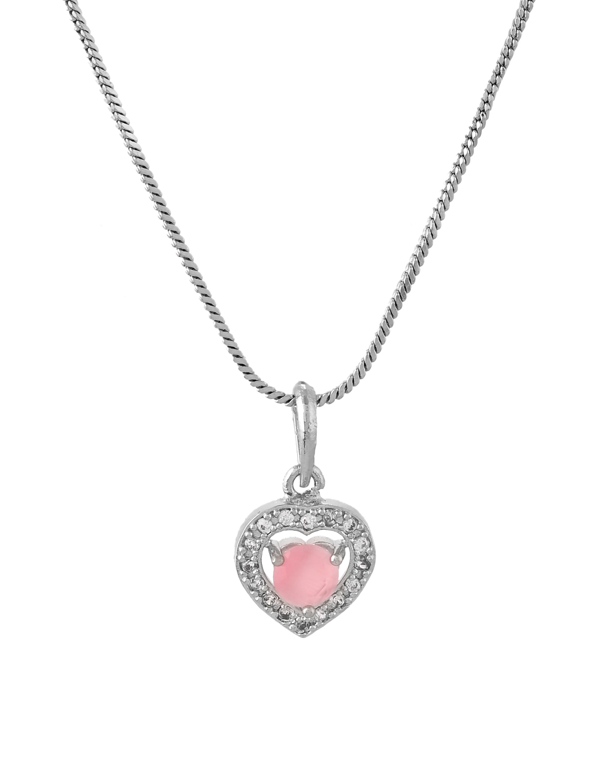 VOJ Silver Plated Baby Pink Stone Studded Heart Shaped Chain Set