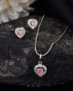 Thumbnail for VOJ Silver Plated Baby Pink Stone Studded Heart Shaped Chain Set
