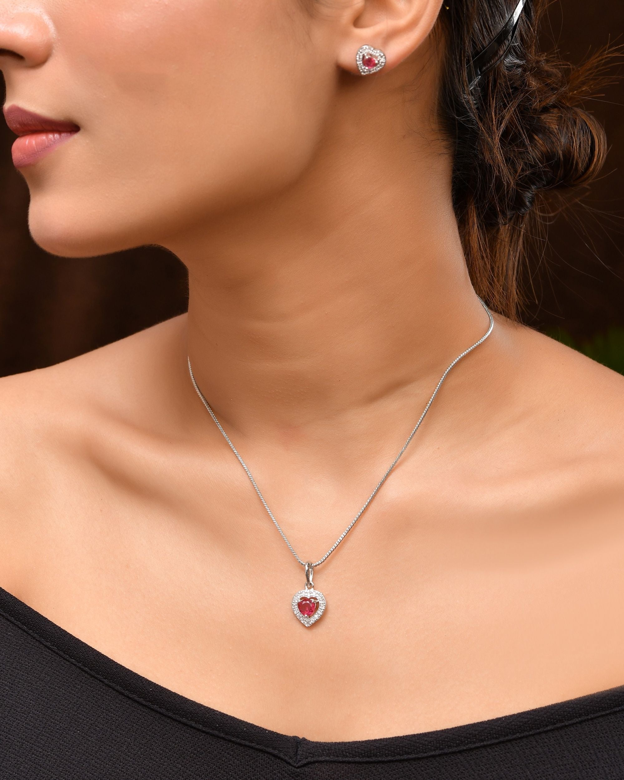 VOJ Silver Plated Pink Stone Studded Heart Shaped Chain Set