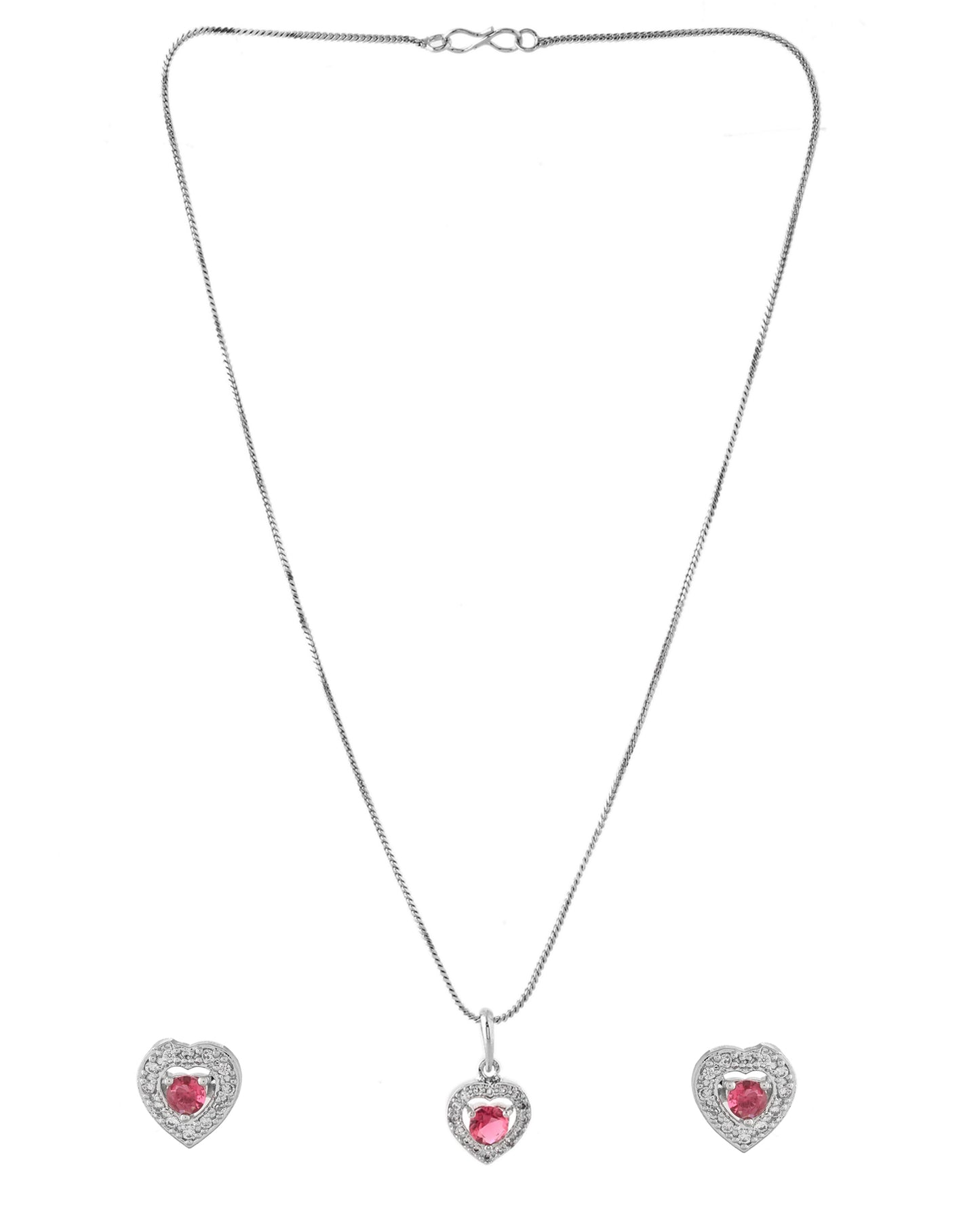 VOJ Silver Plated Pink Stone Studded Heart Shaped Chain Set - Dista