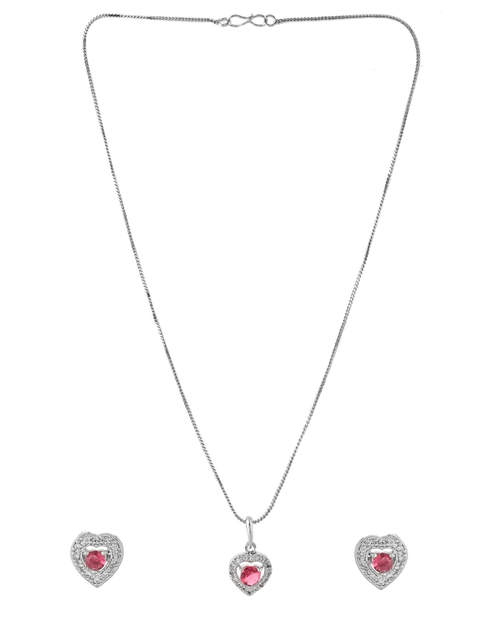 VOJ Silver Plated Pink Stone Studded Heart Shaped Chain Set - Dista