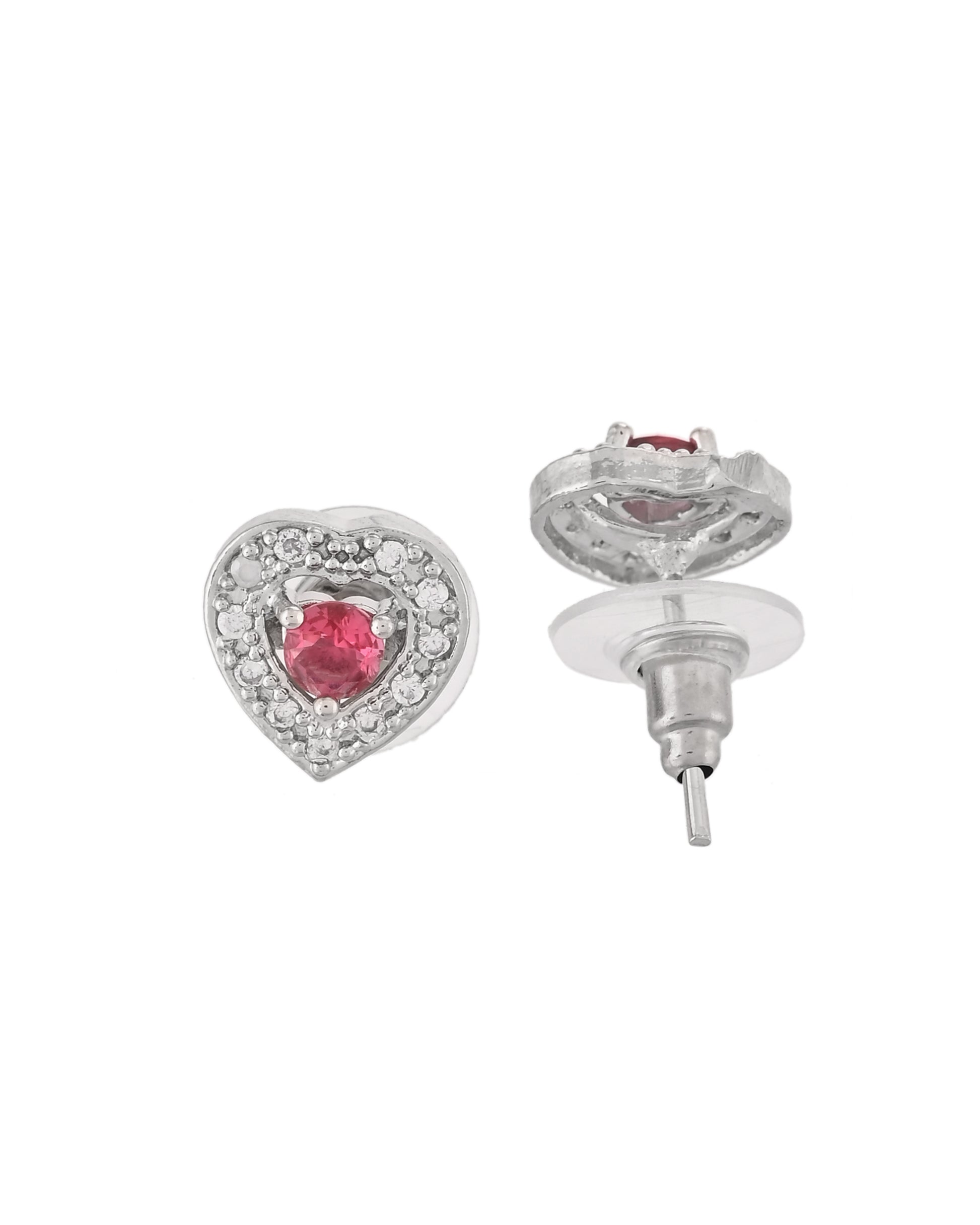 VOJ Silver Plated Pink Stone Studded Heart Shaped Chain Set - Dista