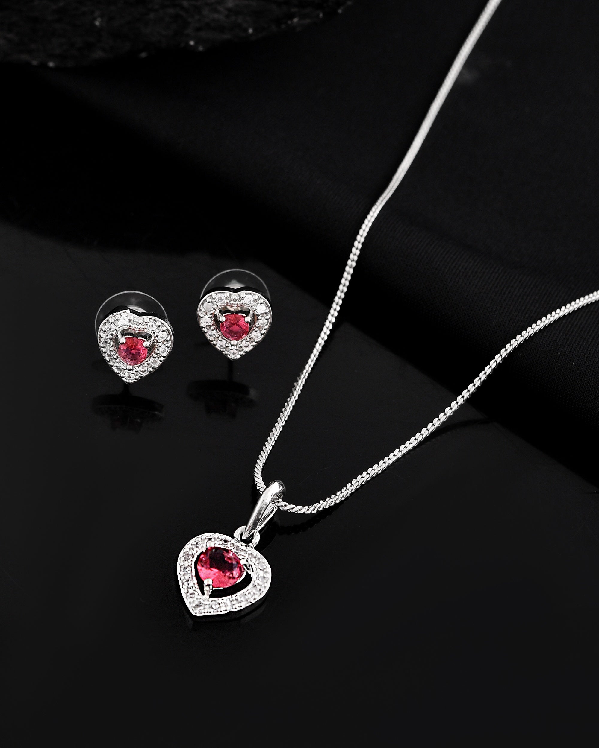 VOJ Silver Plated Pink Stone Studded Heart Shaped Chain Set