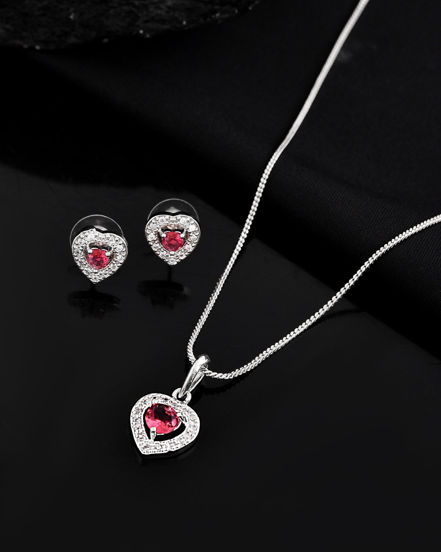 VOJ Silver Plated Pink Stone Studded Heart Shaped Chain Set - Dista