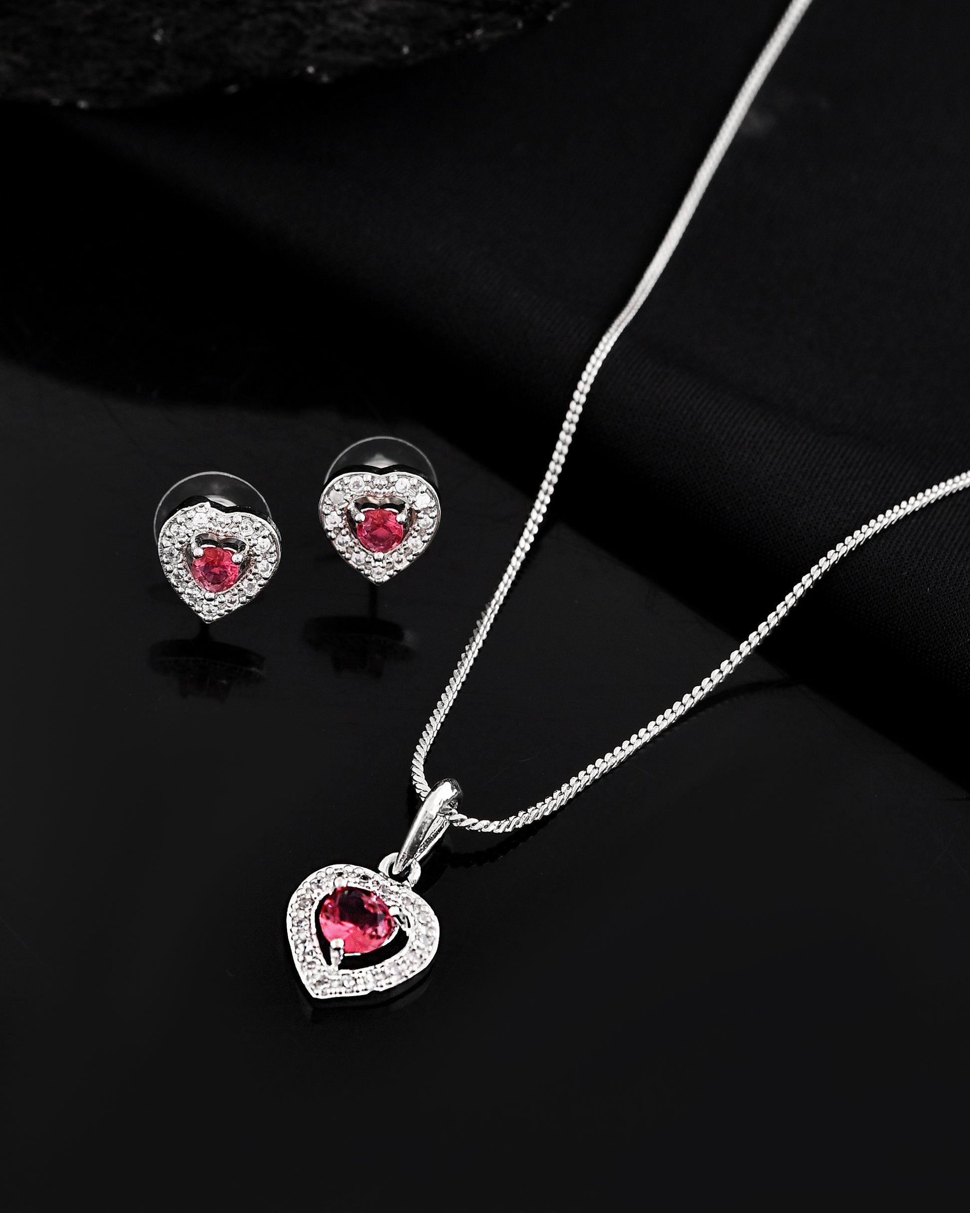 VOJ Silver Plated Pink Stone Studded Heart Shaped Chain Set - Dista