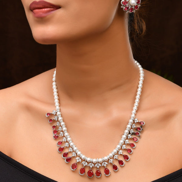 VOJ Silver Plated CZ And Pearl Studded Handcrafted Necklace With Earrings Set