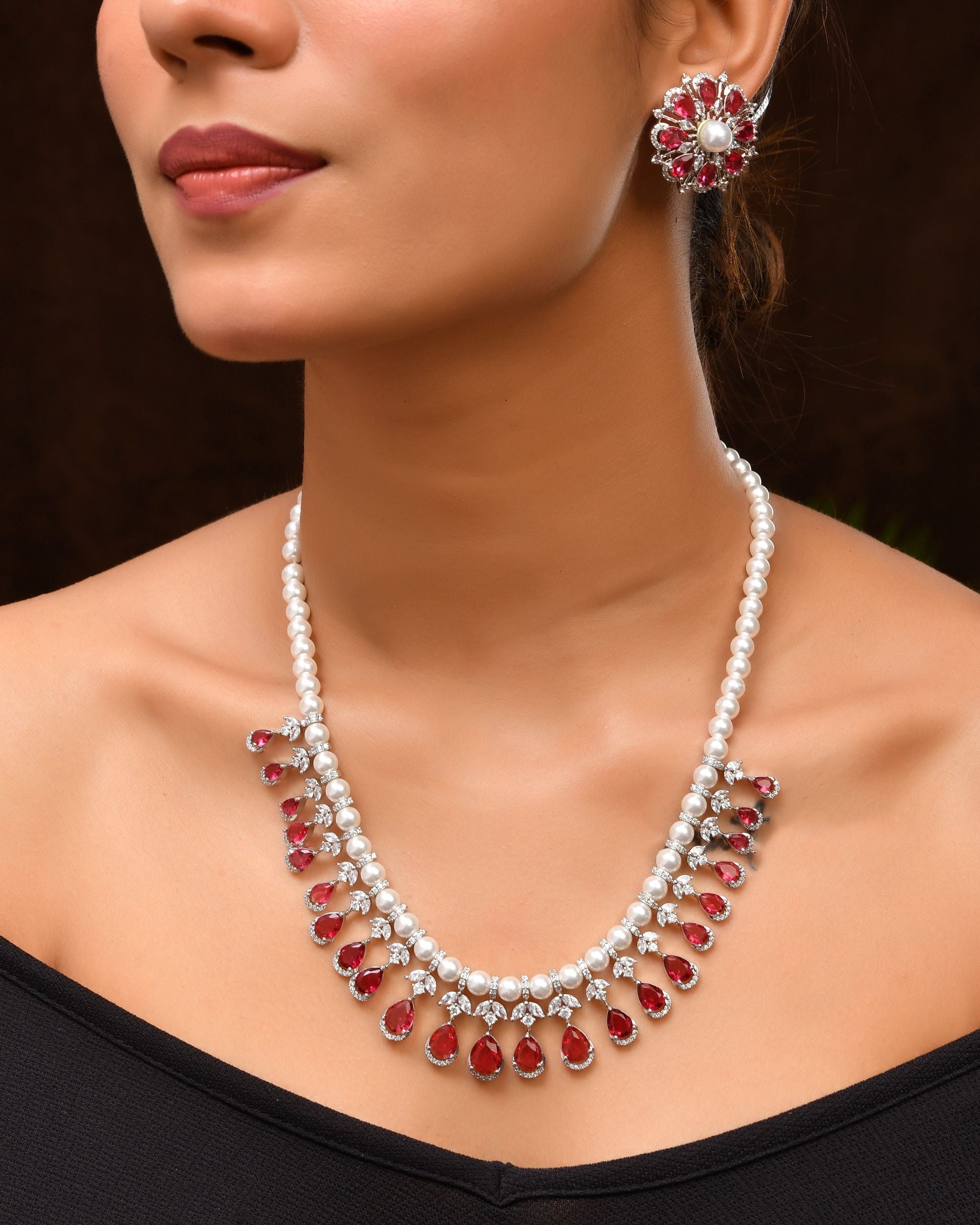 VOJ Silver Plated CZ And Pearl Studded Handcrafted Necklace With Earrings Set