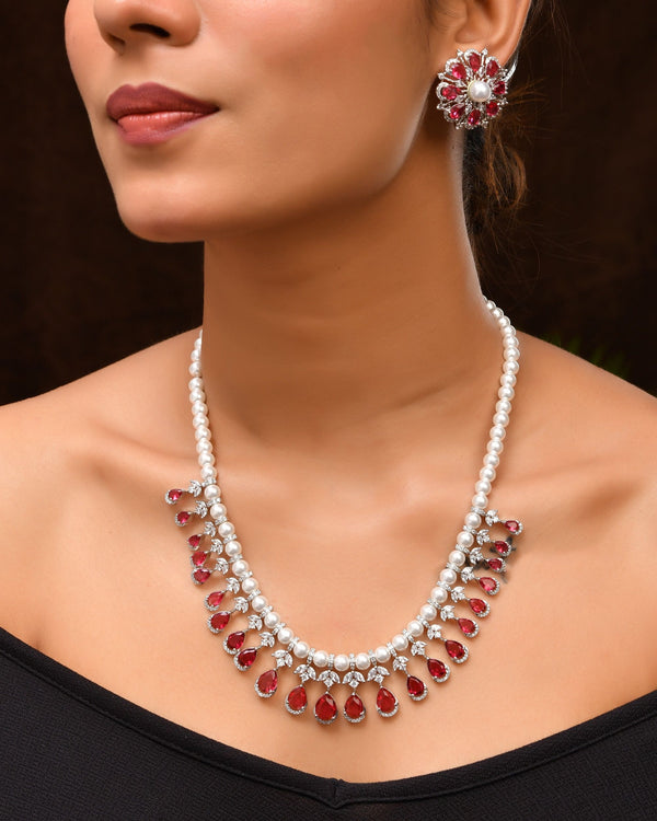 VOJ Silver Plated CZ And Pearl Studded Handcrafted Necklace With Earrings Set