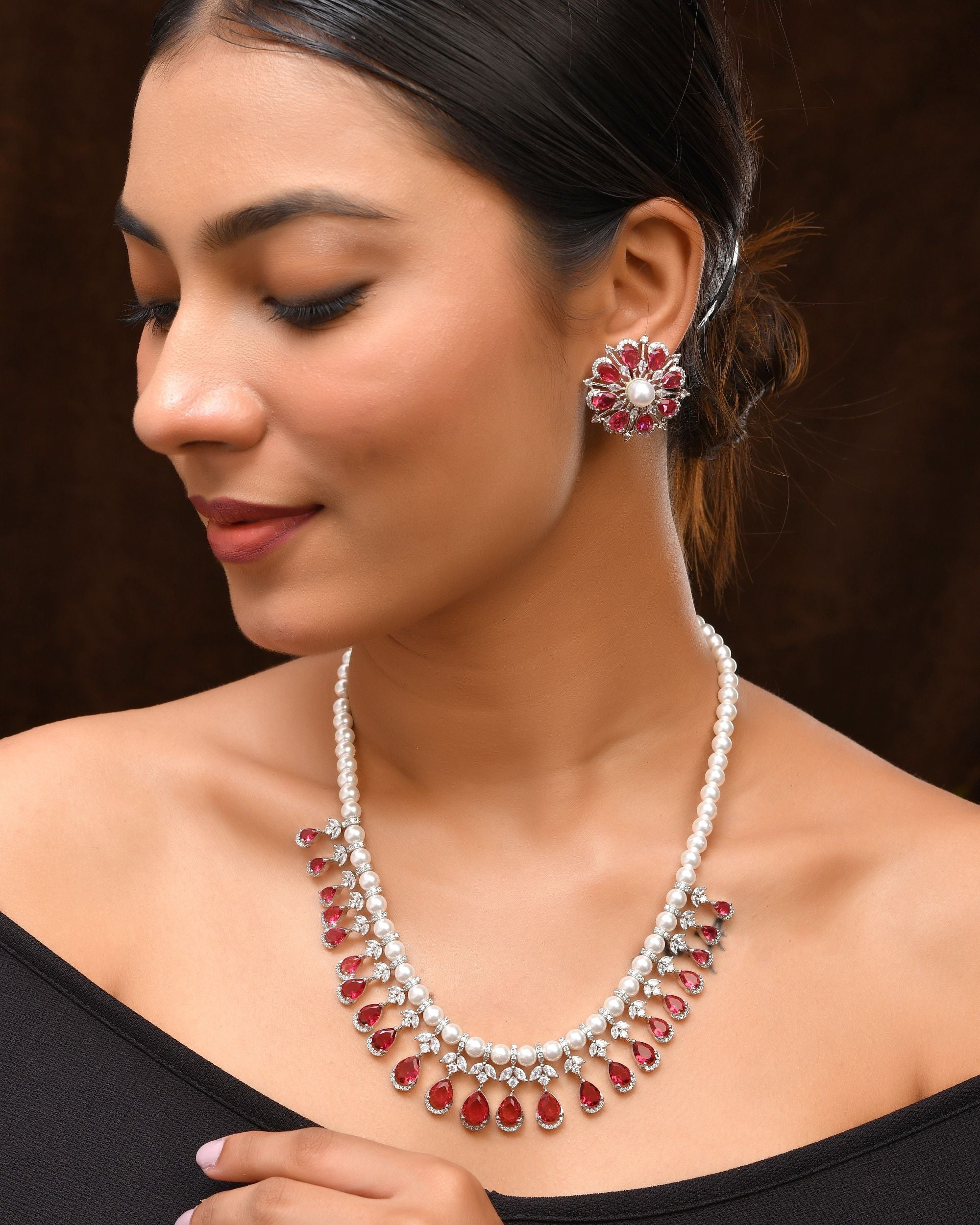 VOJ Silver Plated CZ And Pearl Studded Handcrafted Necklace With Earrings Set