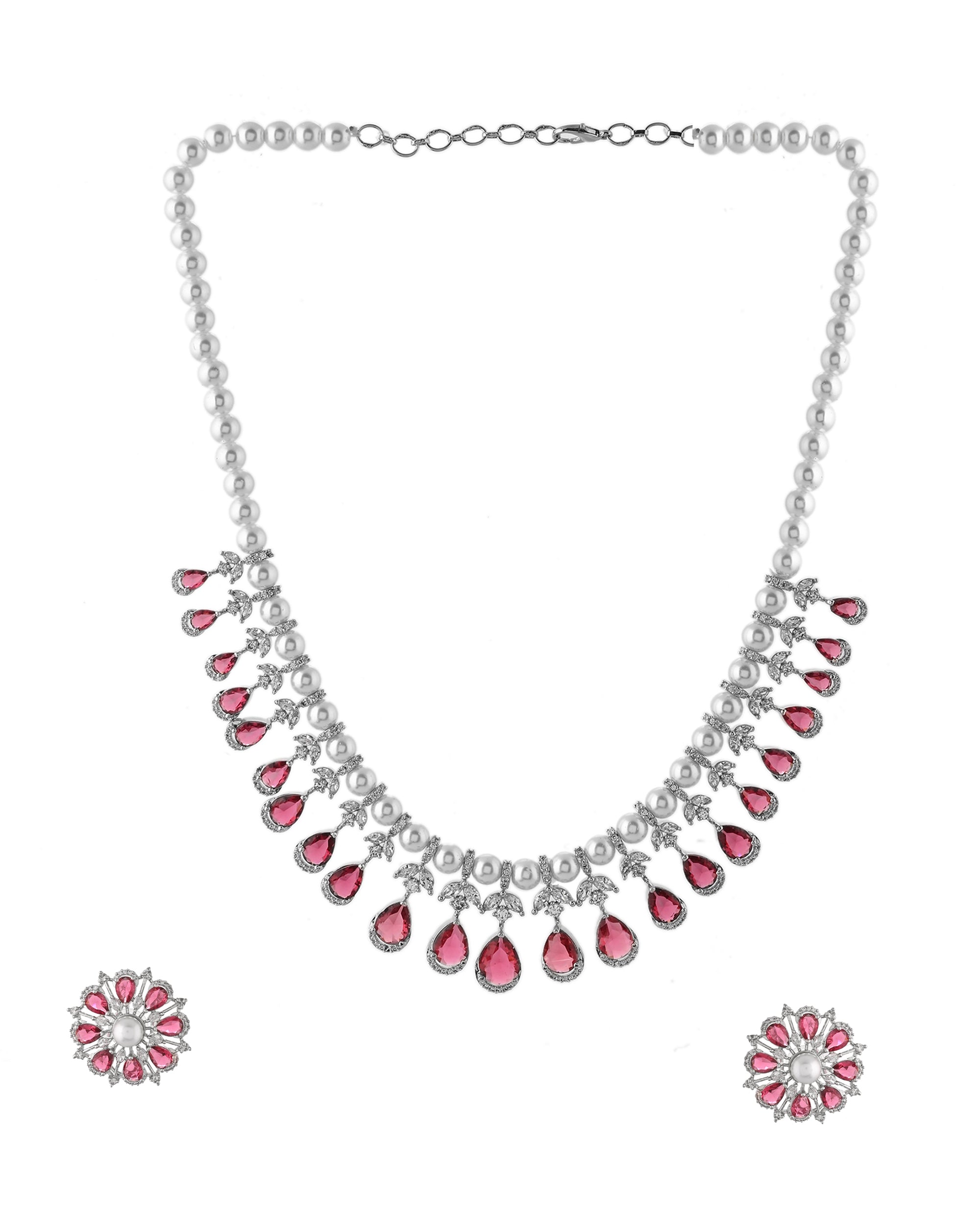 VOJ Silver Plated CZ And Pearl Studded Handcrafted Necklace With Earrings Set