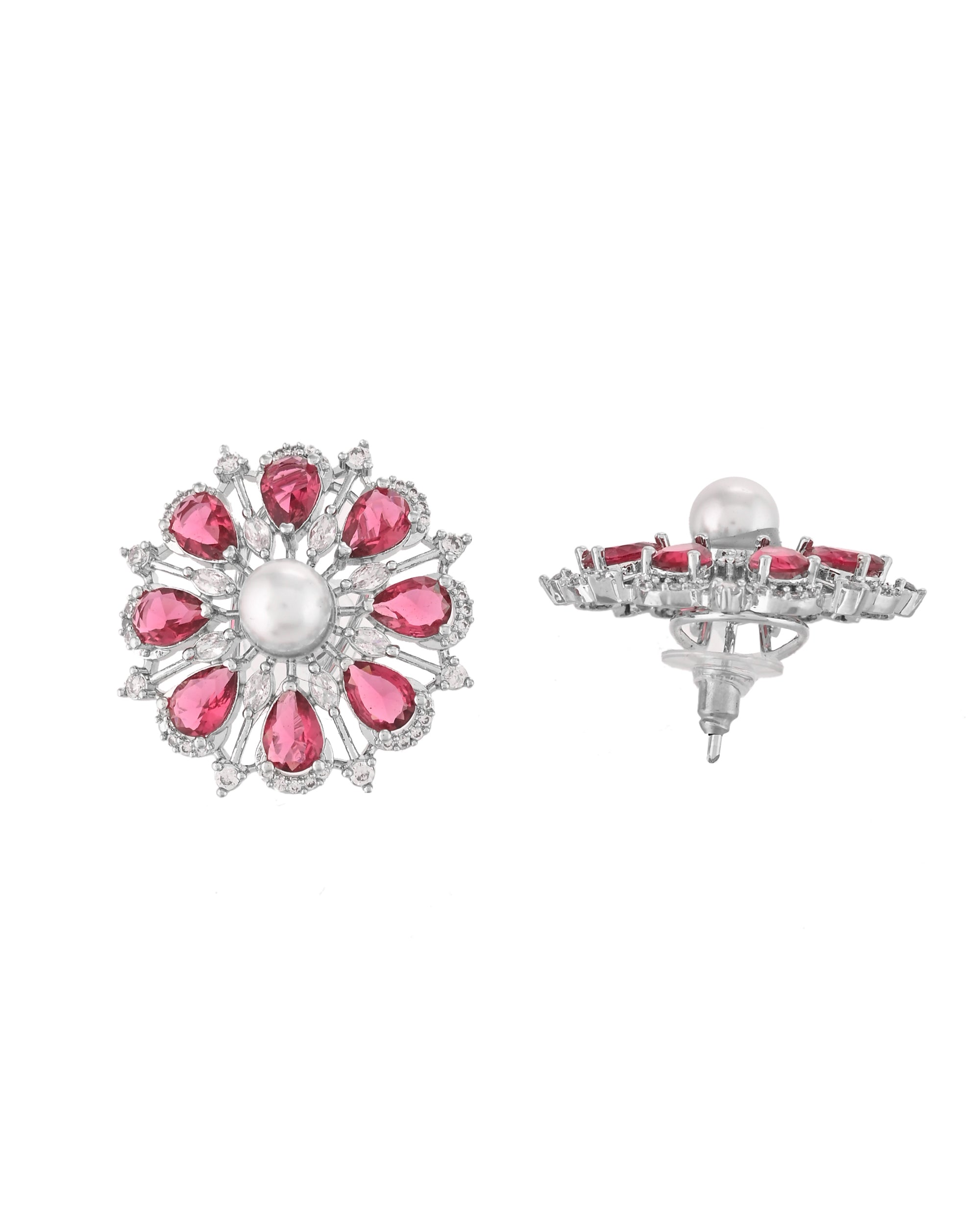 VOJ Silver Plated CZ And Pearl Studded Handcrafted Necklace With Earrings Set