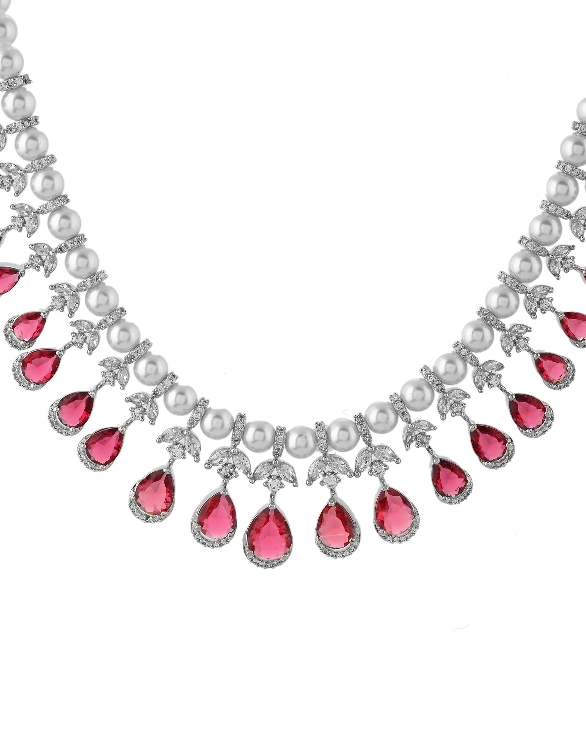 VOJ Silver Plated CZ And Pearl Studded Handcrafted Necklace With Earrings Set