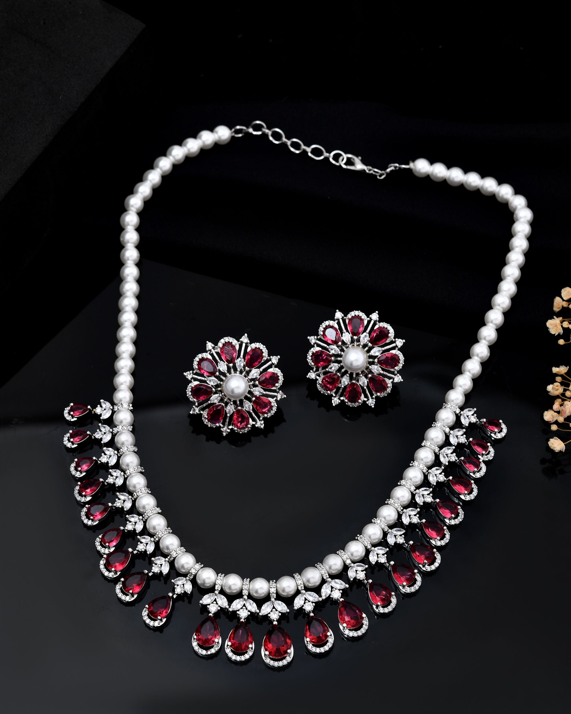VOJ Silver Plated CZ And Pearl Studded Handcrafted Necklace With Earrings Set