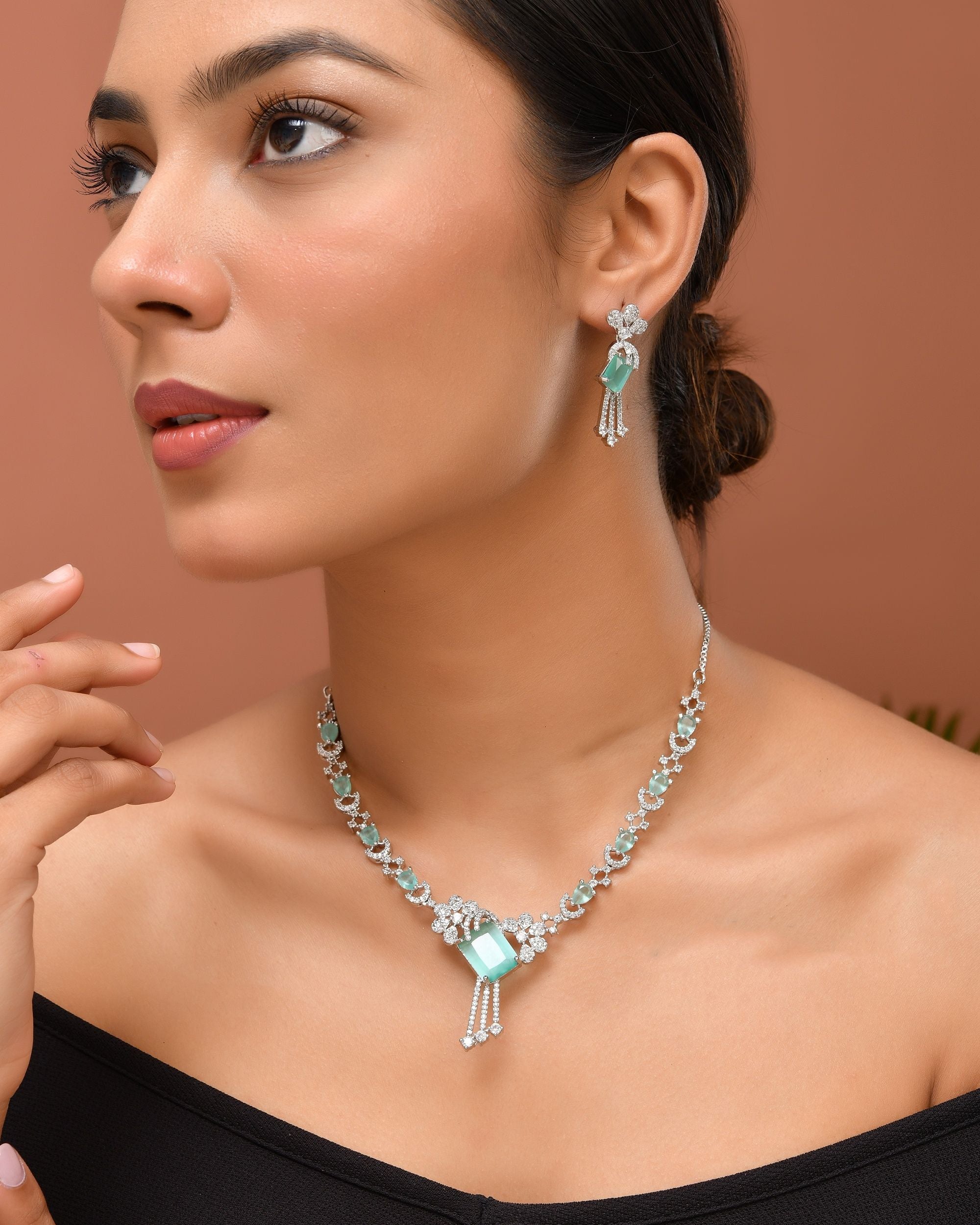 VOJ Silver Plated CZ Stone Studded Designer Necklace With Earrings Set - Dista