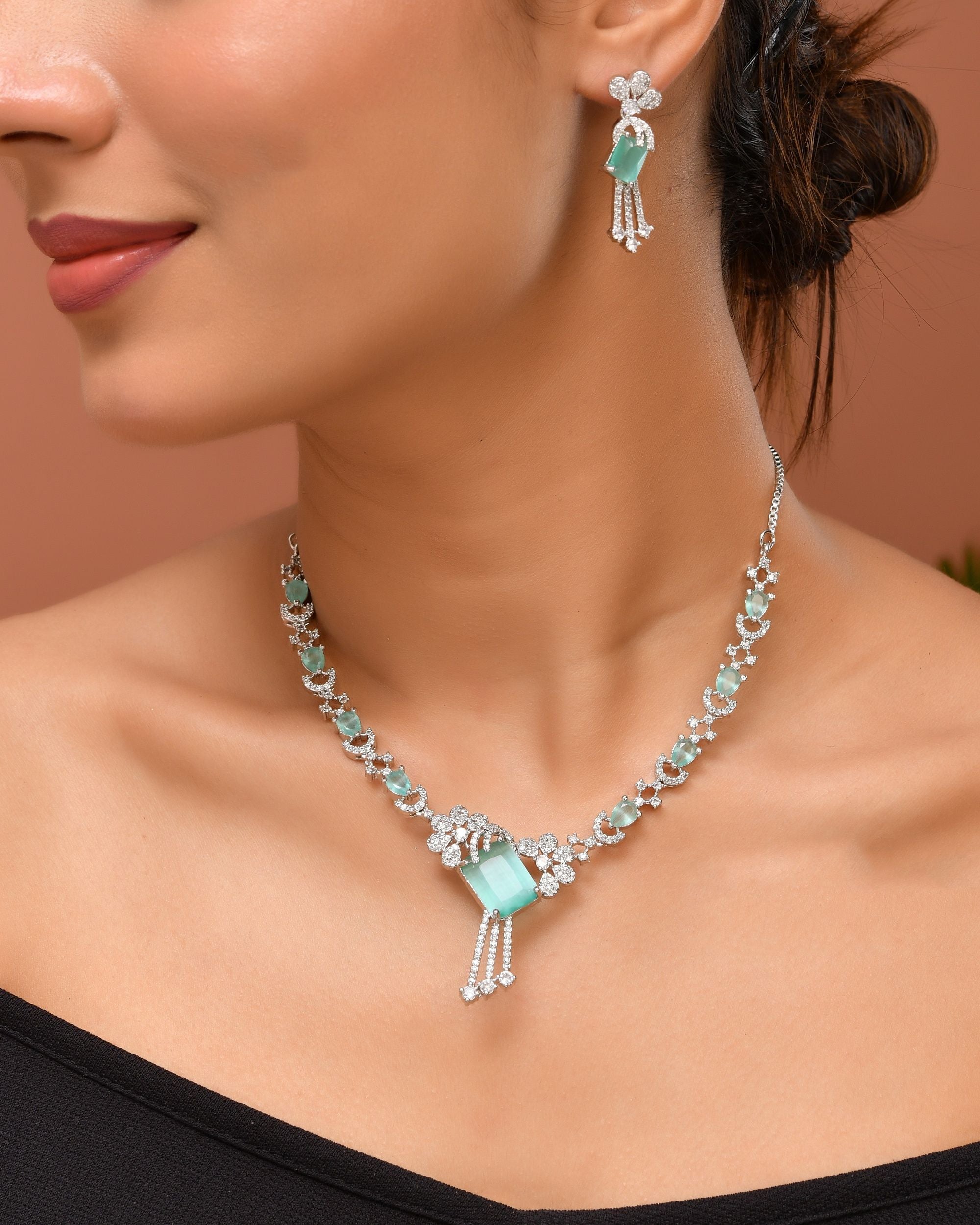 VOJ Silver Plated CZ Stone Studded Designer Necklace With Earrings Set