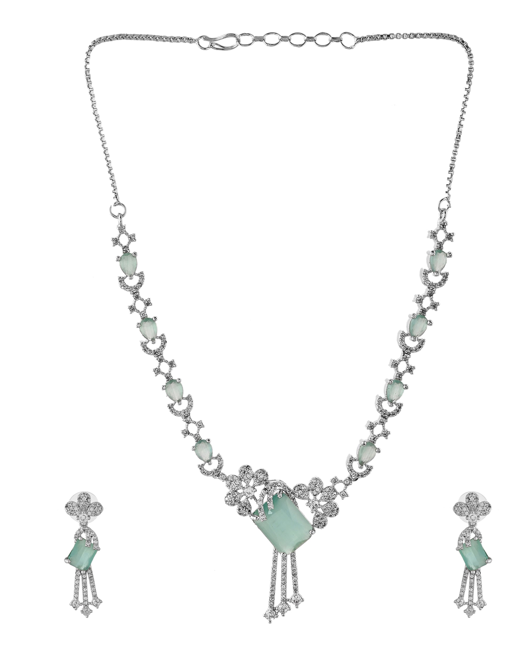 VOJ Silver Plated CZ Stone Studded Designer Necklace With Earrings Set