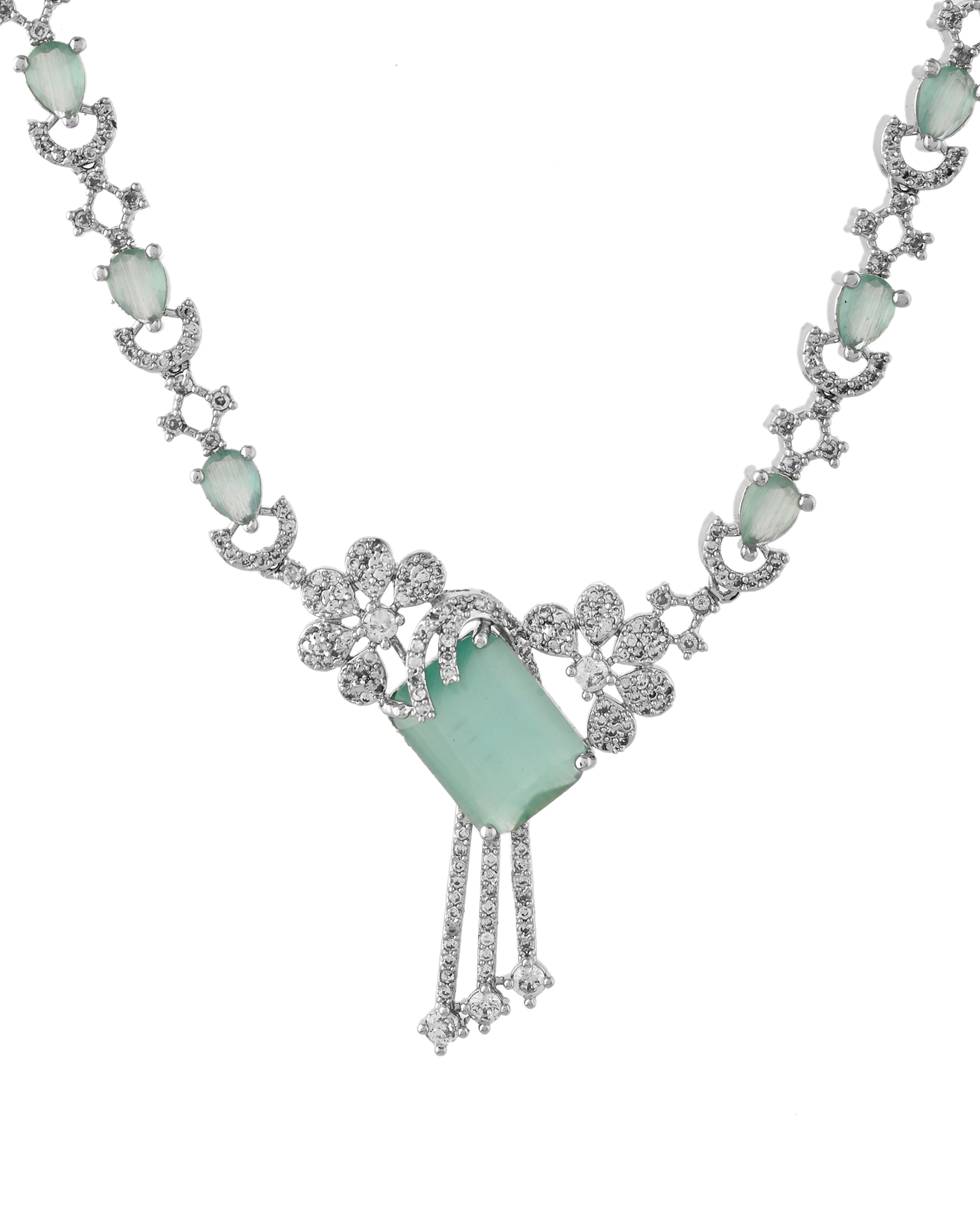 VOJ Silver Plated CZ Stone Studded Designer Necklace With Earrings Set