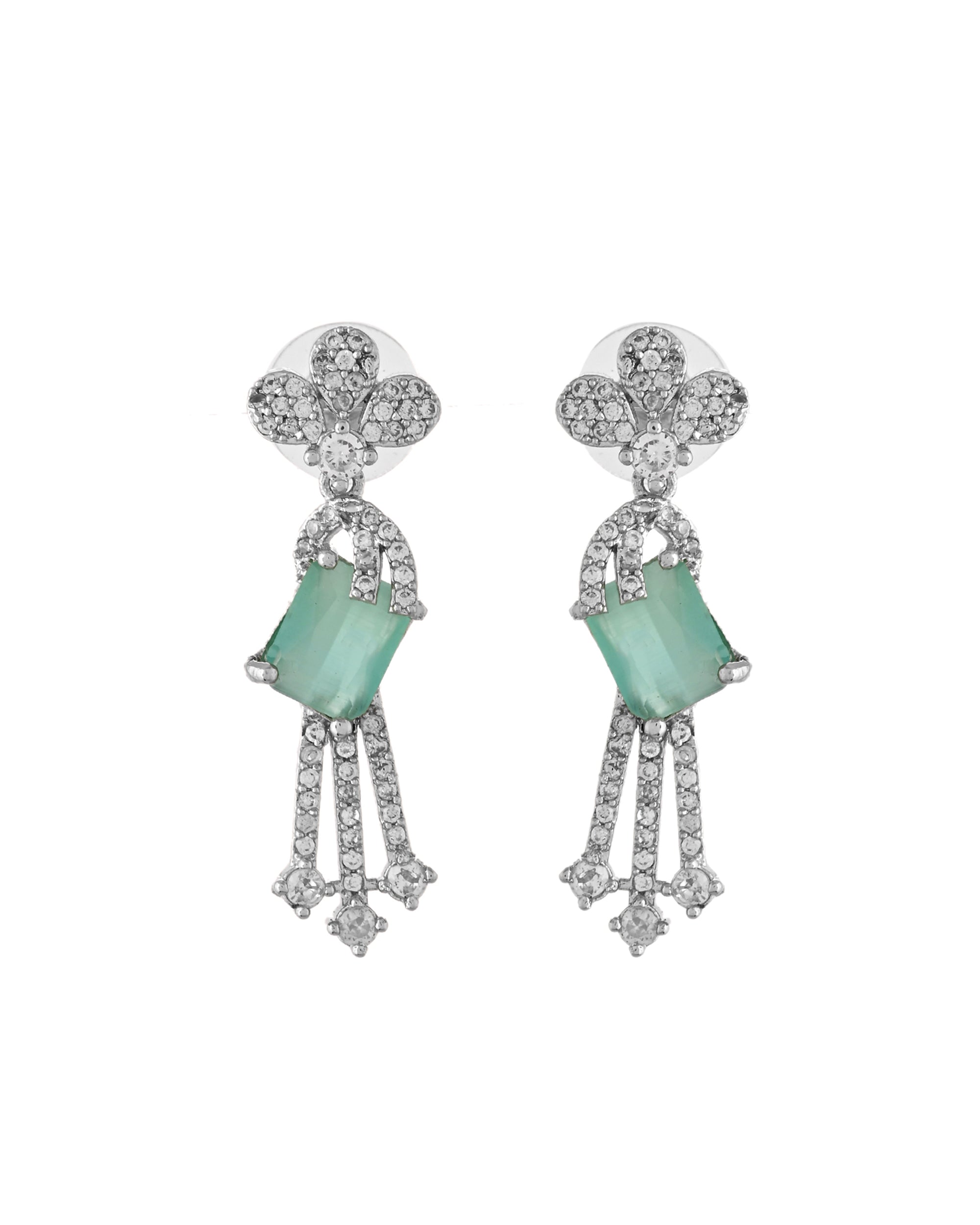 VOJ Silver Plated CZ Stone Studded Designer Necklace With Earrings Set
