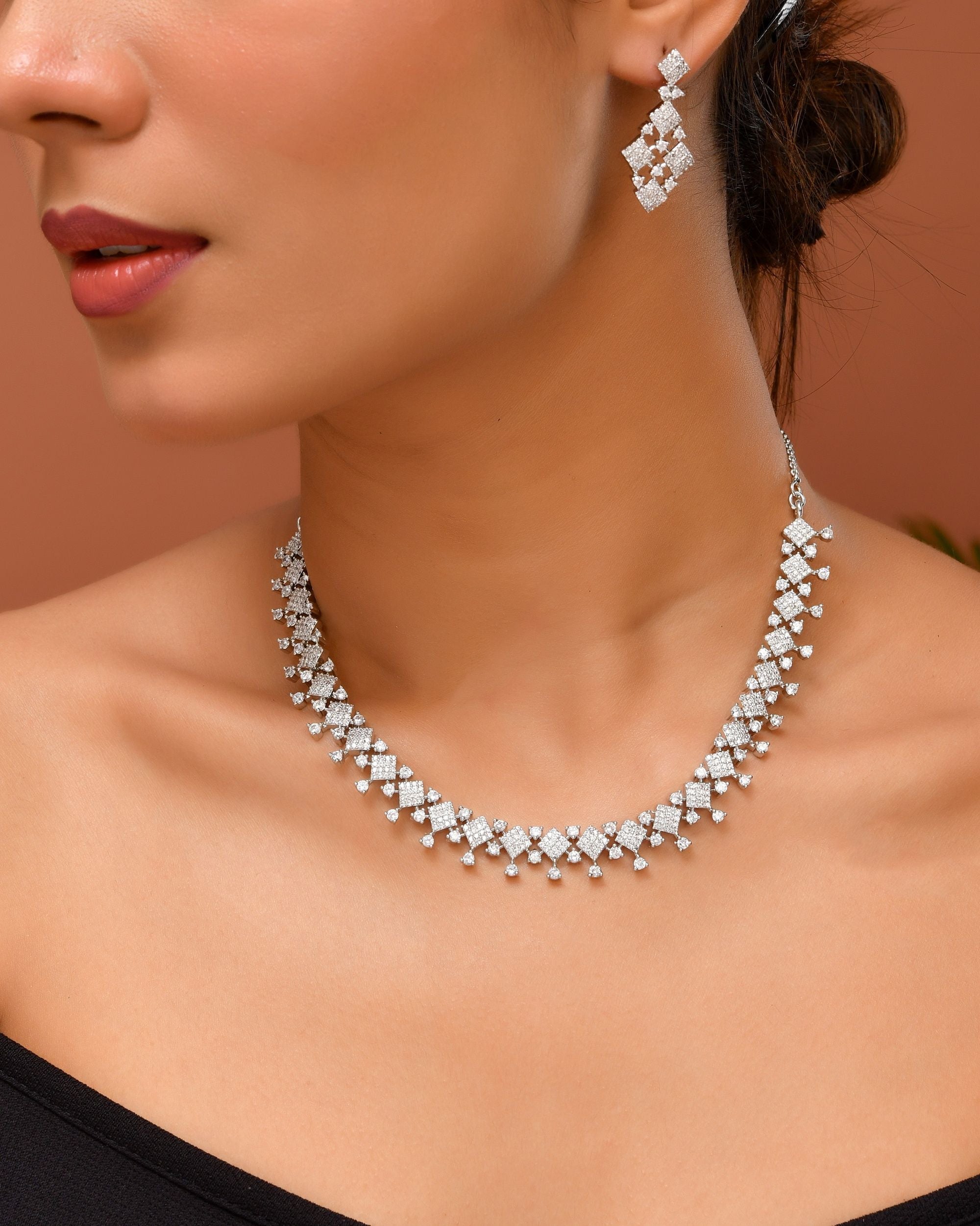 VOJ Silver Plated AD Stone Studded Hand Crafted Jewellery Set