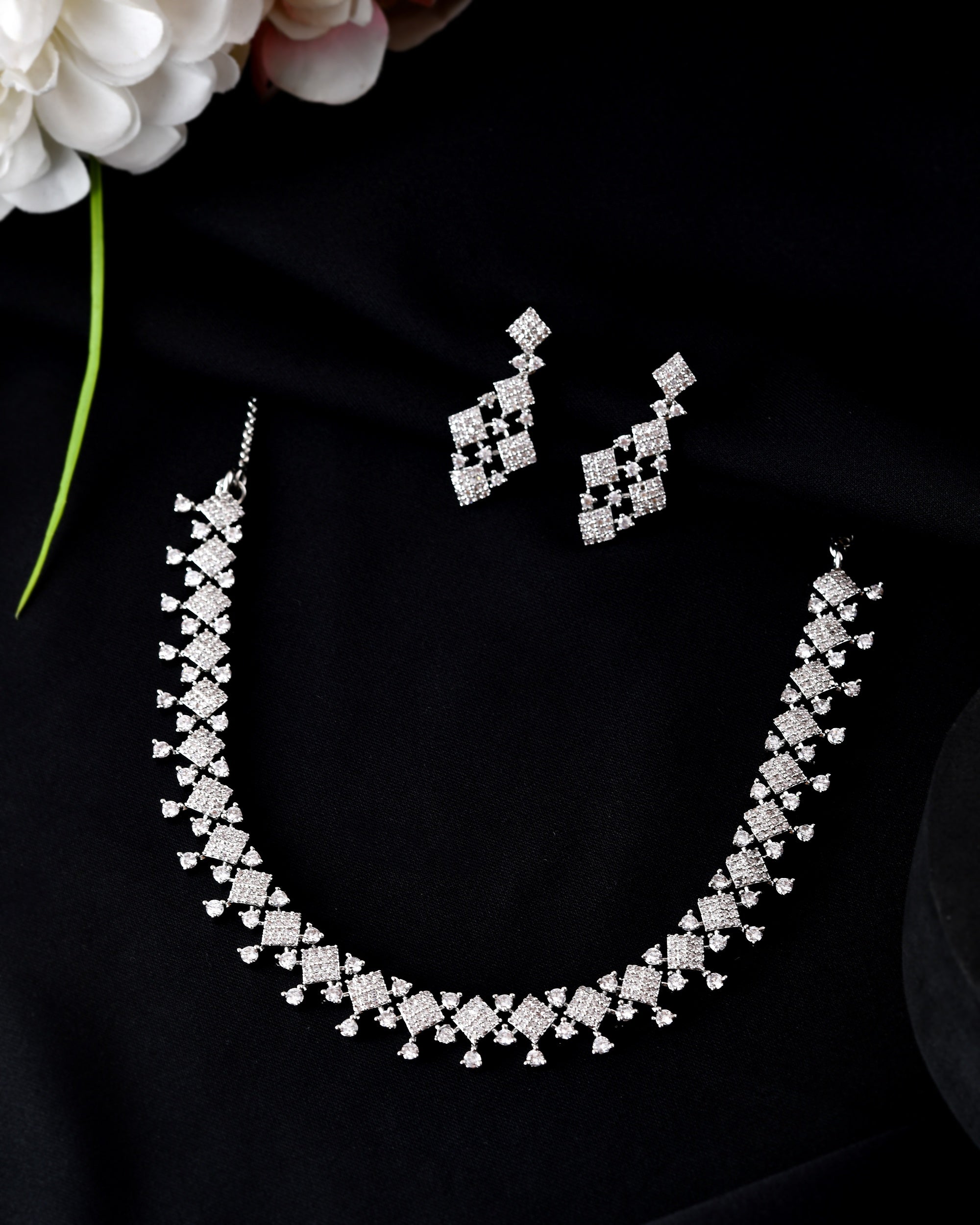 VOJ Silver Plated AD Stone Studded Hand Crafted Jewellery Set