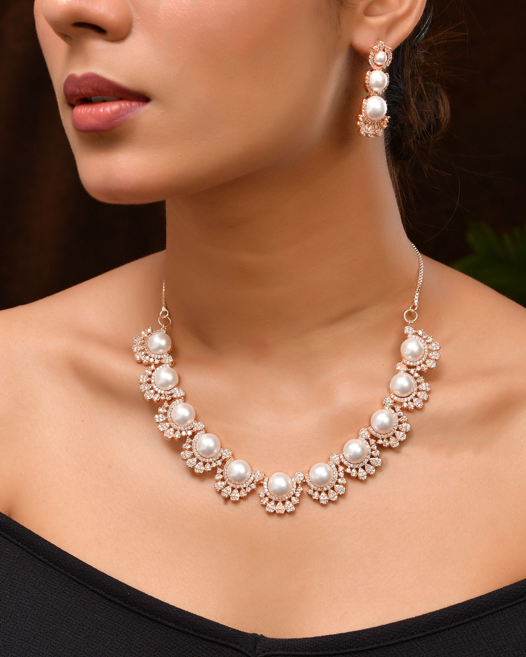 VOJ Rose-Gold Polished AD And Pearl Studded Jewellery Set