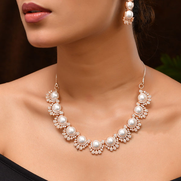 VOJ Rose-Gold Polished AD And Pearl Studded Jewellery Set - Dista