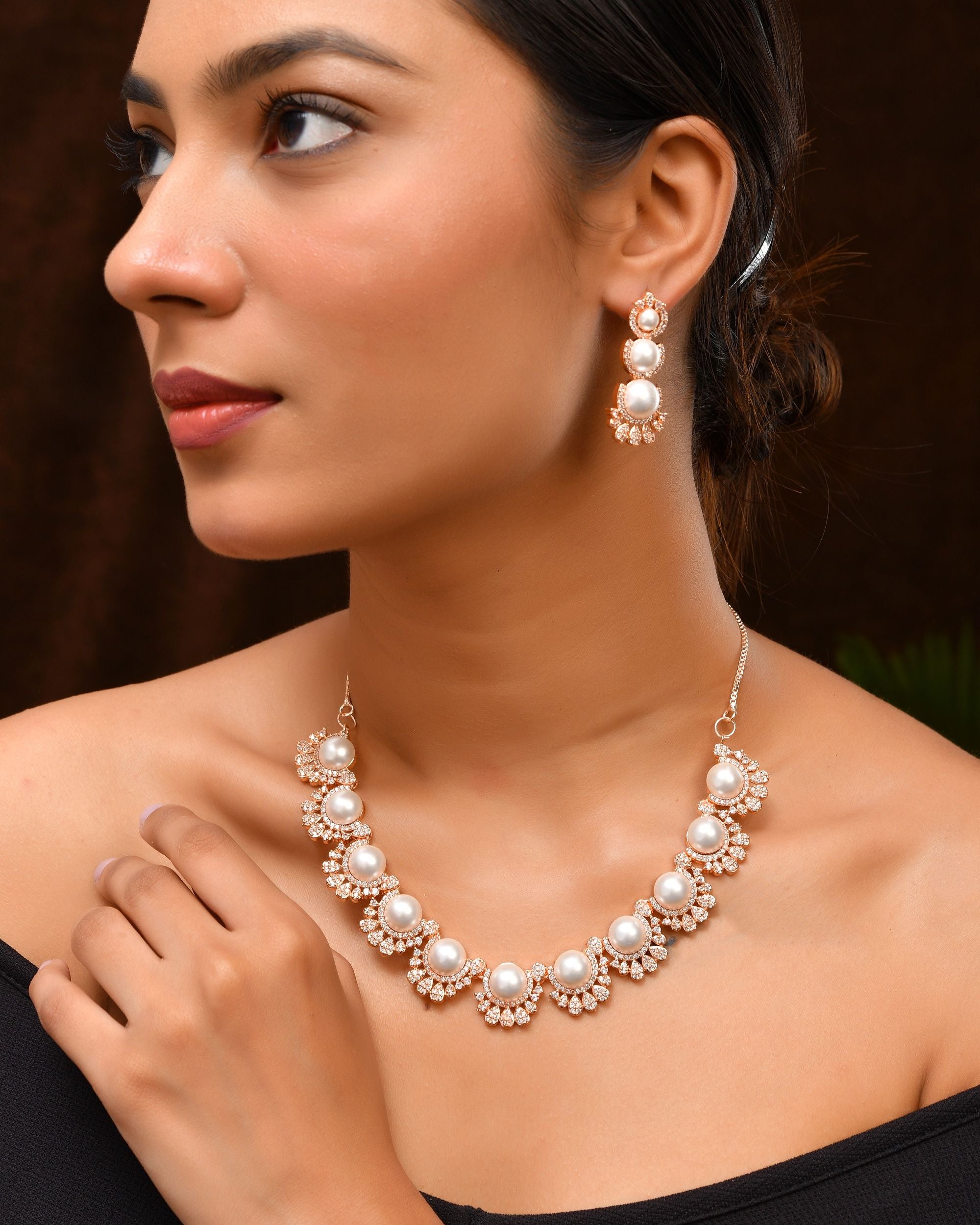 VOJ Rose-Gold Polished AD And Pearl Studded Jewellery Set