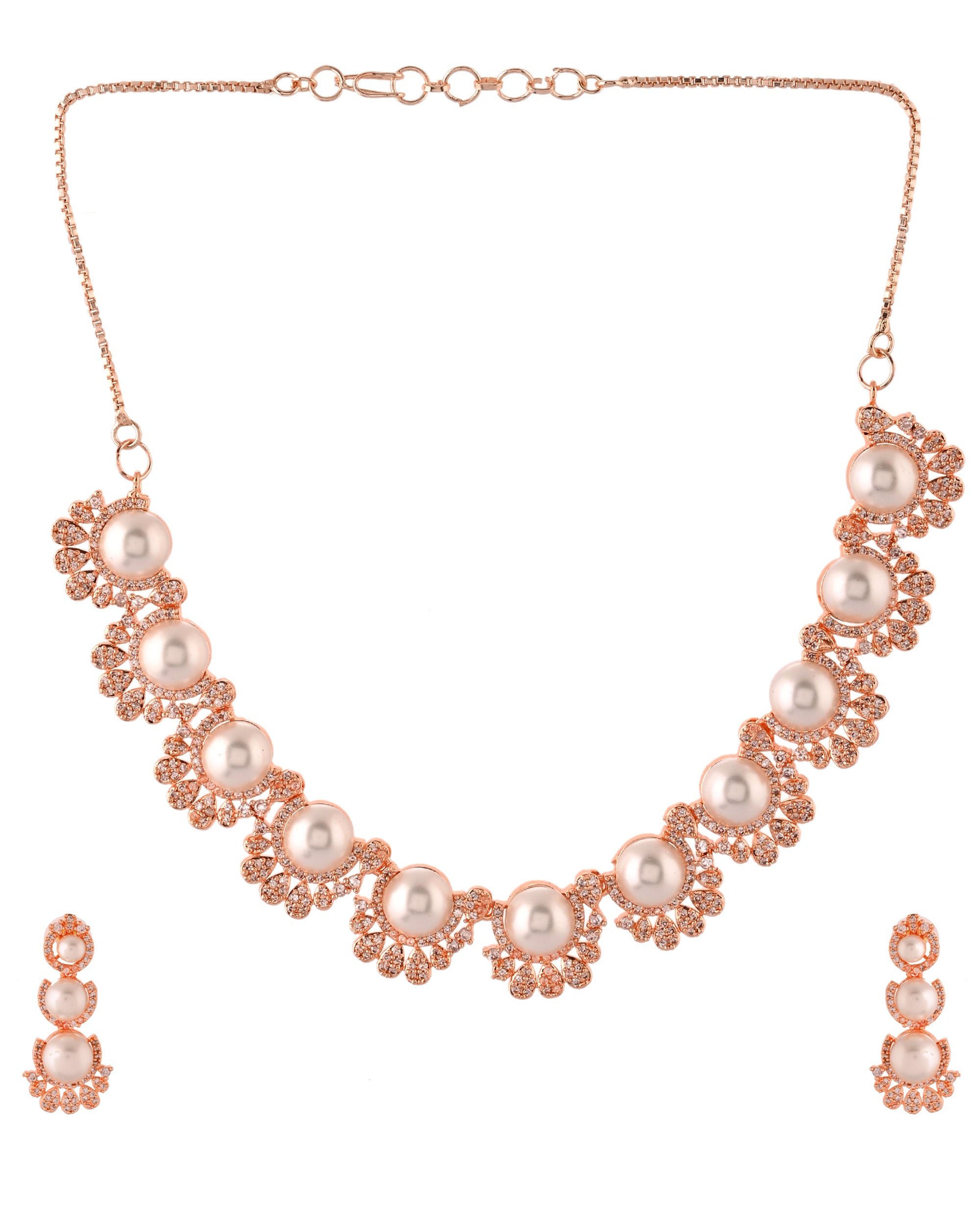 VOJ Rose-Gold Polished AD And Pearl Studded Jewellery Set
