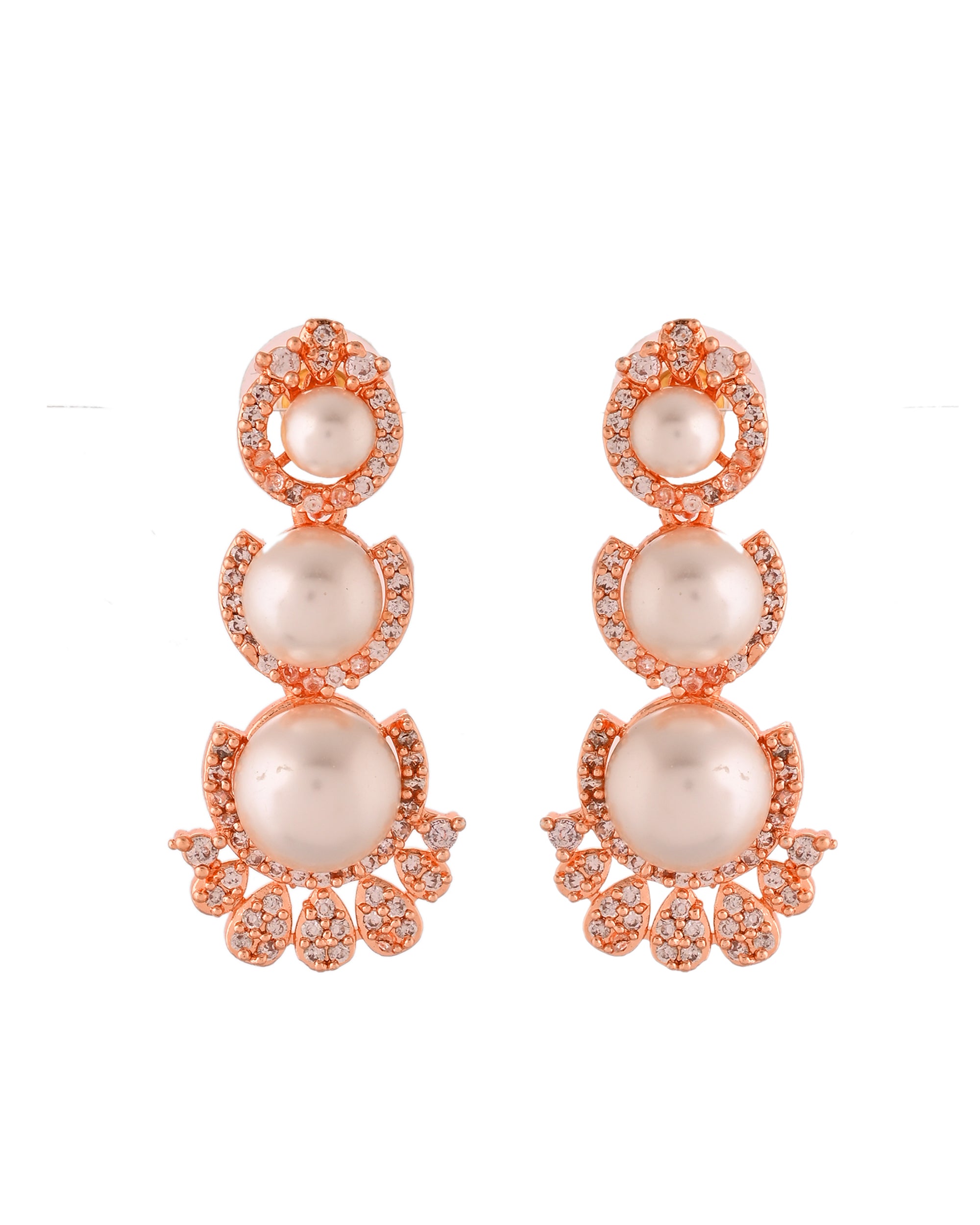 VOJ Rose-Gold Polished AD And Pearl Studded Jewellery Set
