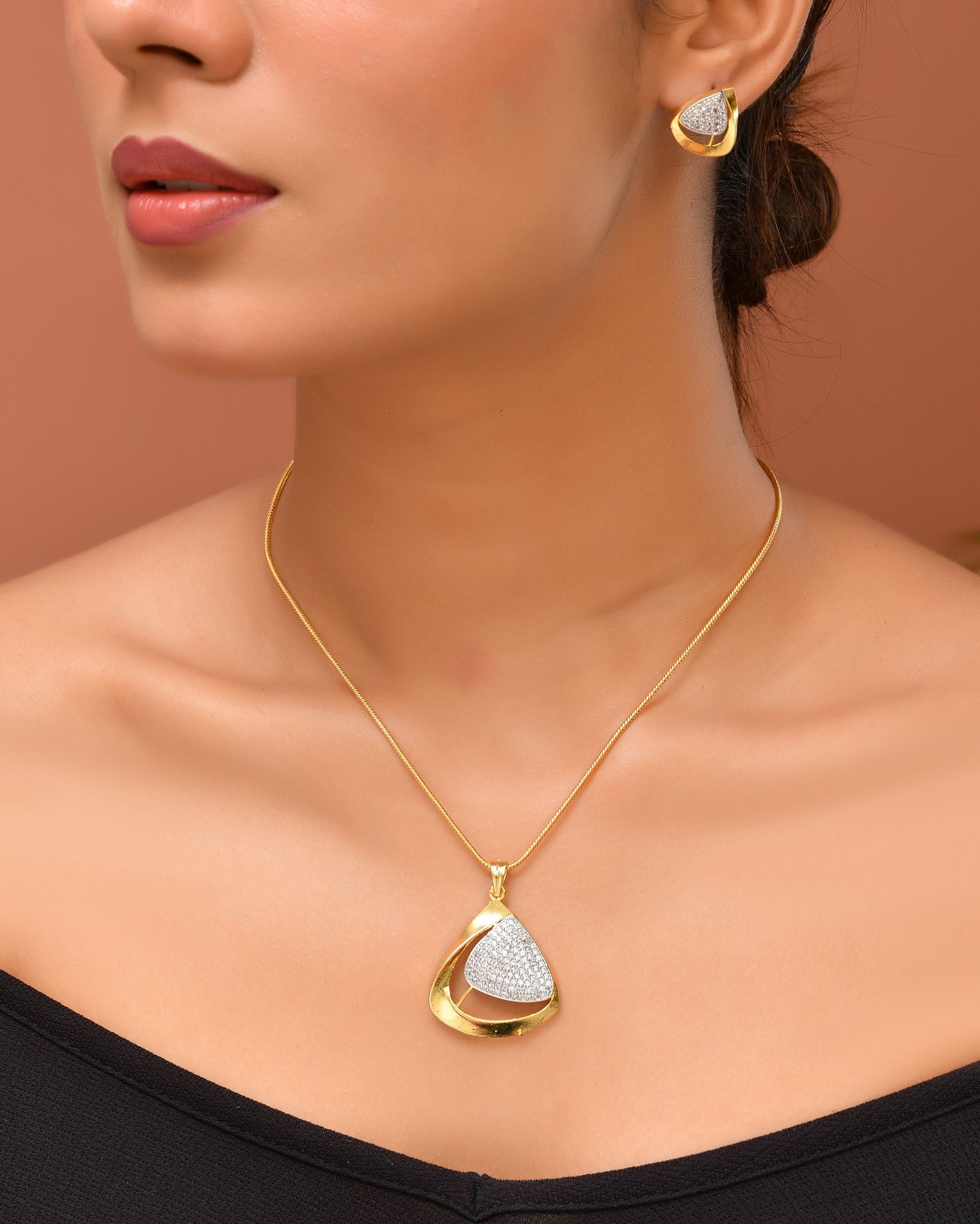 VOJ Gold Polished CZ Stone Studded Geometrical Jewellery Set