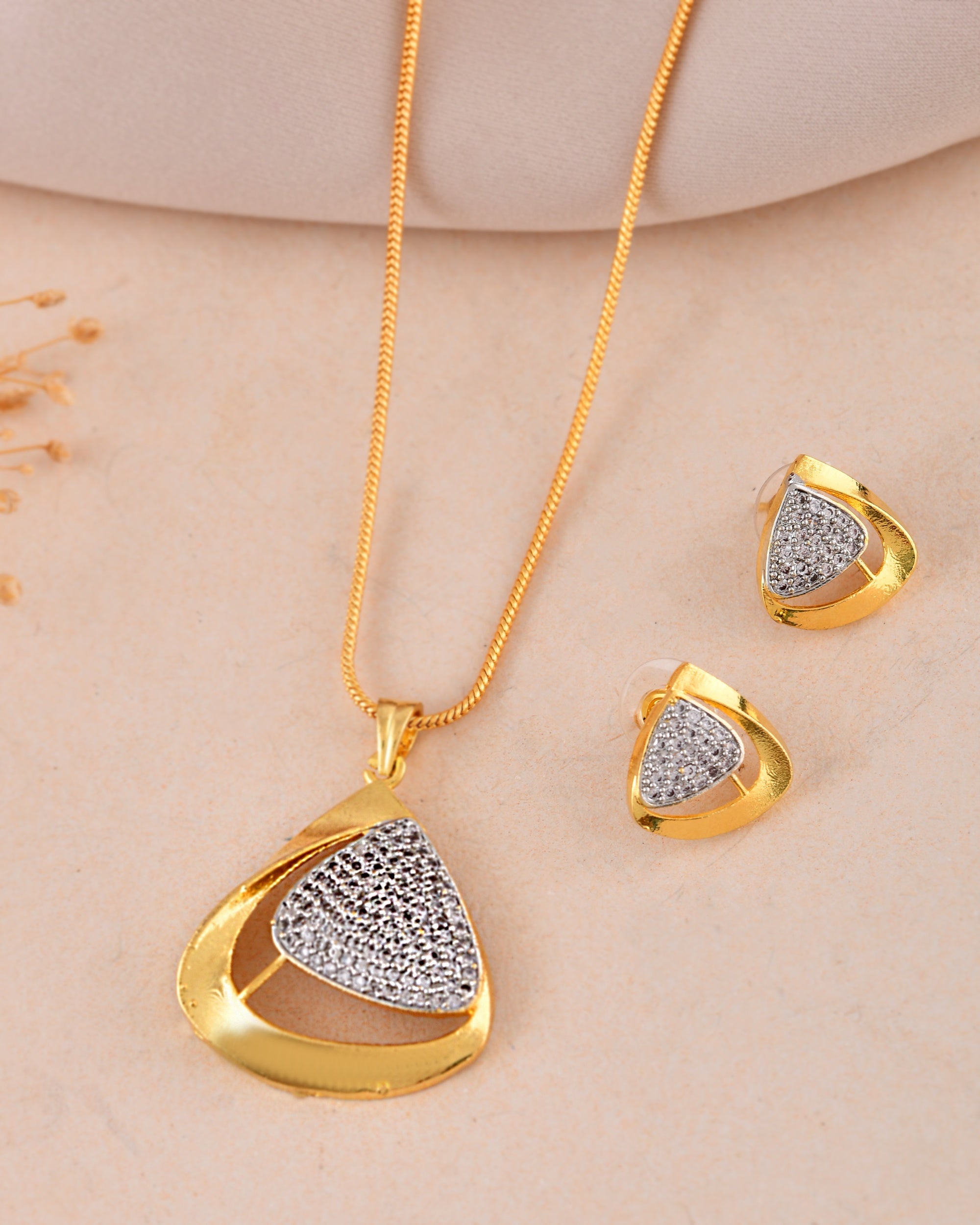 VOJ Gold Polished CZ Stone Studded Geometrical Jewellery Set