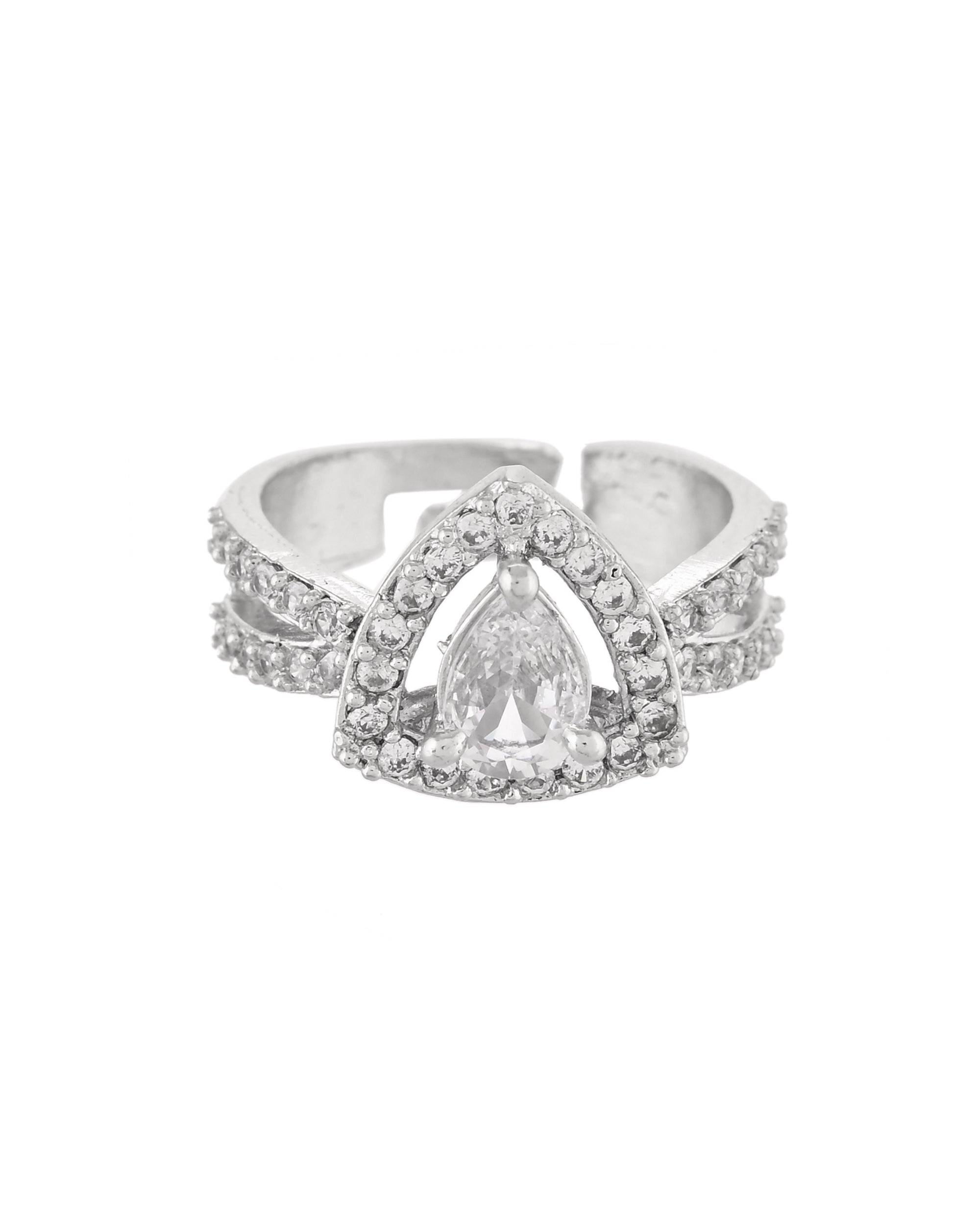 VOJ Silver-Plated AD-Stone-Studded Adjustable Finger Ring